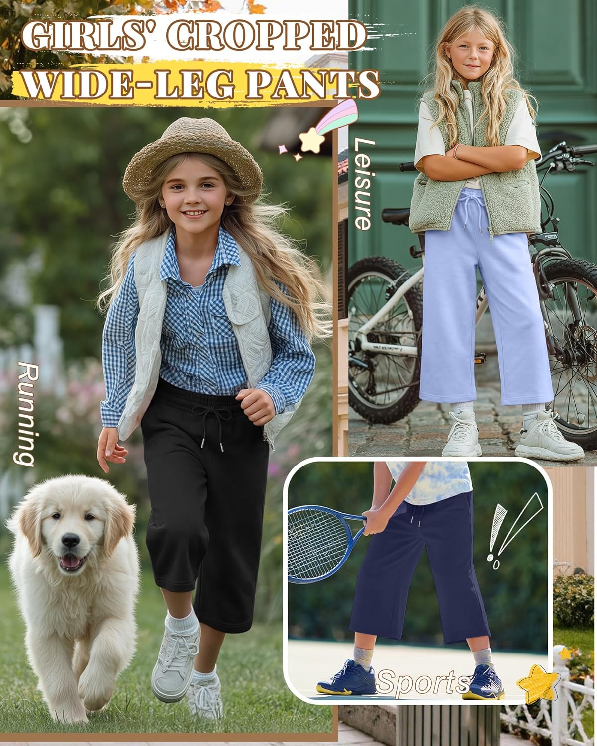 Halfchet 3 Pack Girls Capri Pants Wide Leg Baggy Cropped Sweatpants Kids Basic Casual Capris with Pockets for Ages 5-14