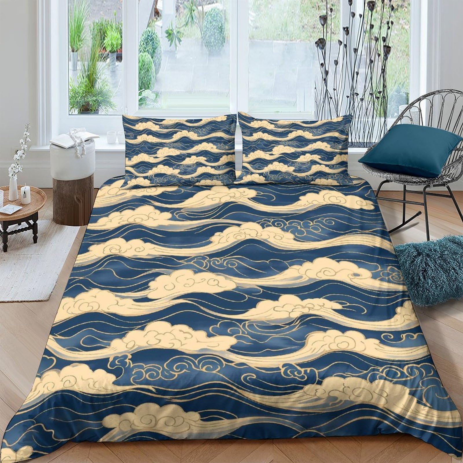 GPLZQXKJNH 3D Printed Japanese Wave Duvet Cover Microfiber Soft Breathable Gold Navy Blue Ocean Bedding Set with 2 Pillowcases for Bedroom Decor Single（135x200cm）