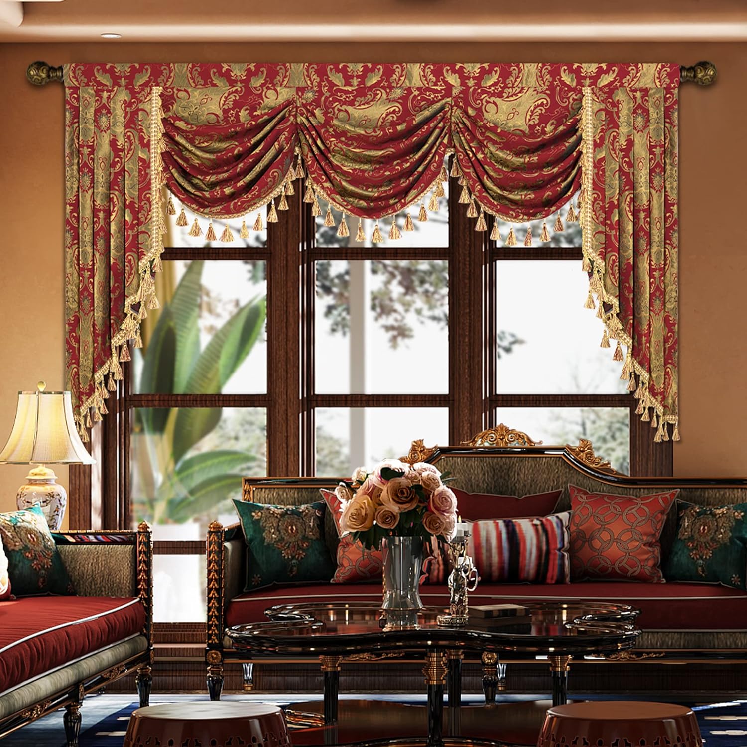 TOPLUXE Swag Valance for Windows, Damask Waterfall Valance with Tassels