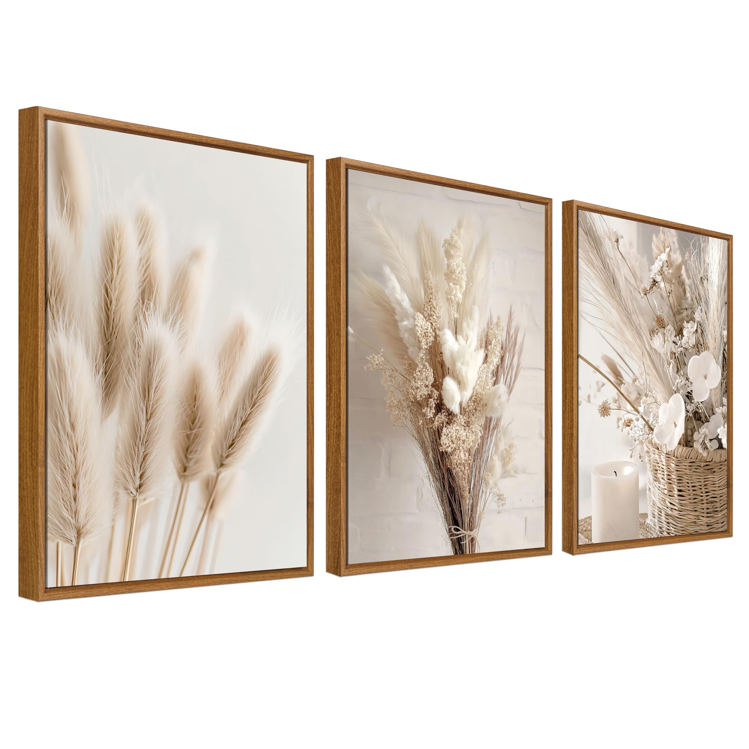 Framed Canvas Wall Art Set of 3 Boho Beige Pampas Grass Painting Prints for Wall Poster Nordic Flower Sage Dried Grass Plants Pictures for Living Room Bedroom Hallway 30x40cm x3pcs (No Acrylic Glass) — image 1