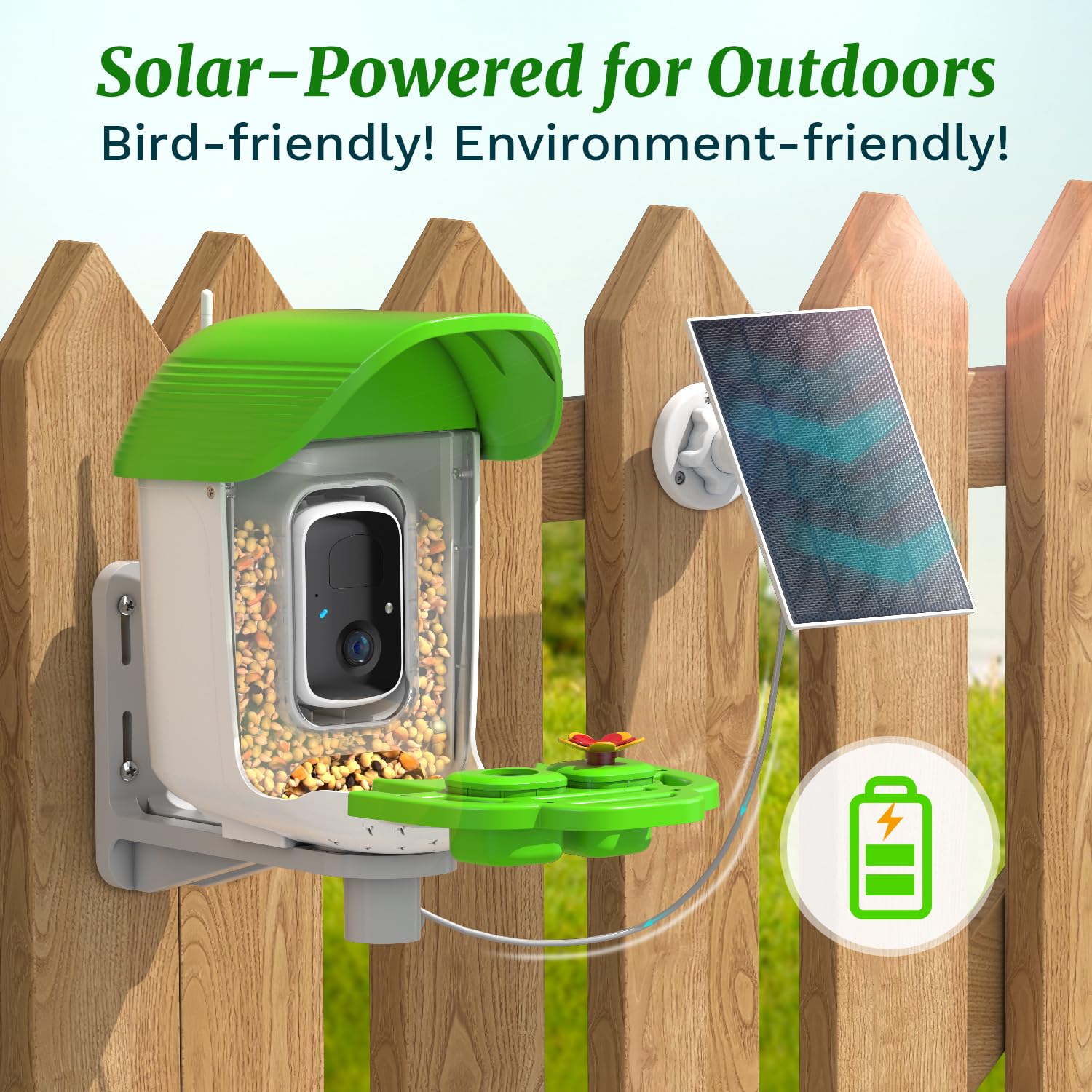 Smart Bird Feeder with Camera Solar Powered, AI Identify 11000+ Birds Species,2K Video Bird Feeder for Outdoors Garden,1L Large Capacity, for Birdlover,Green