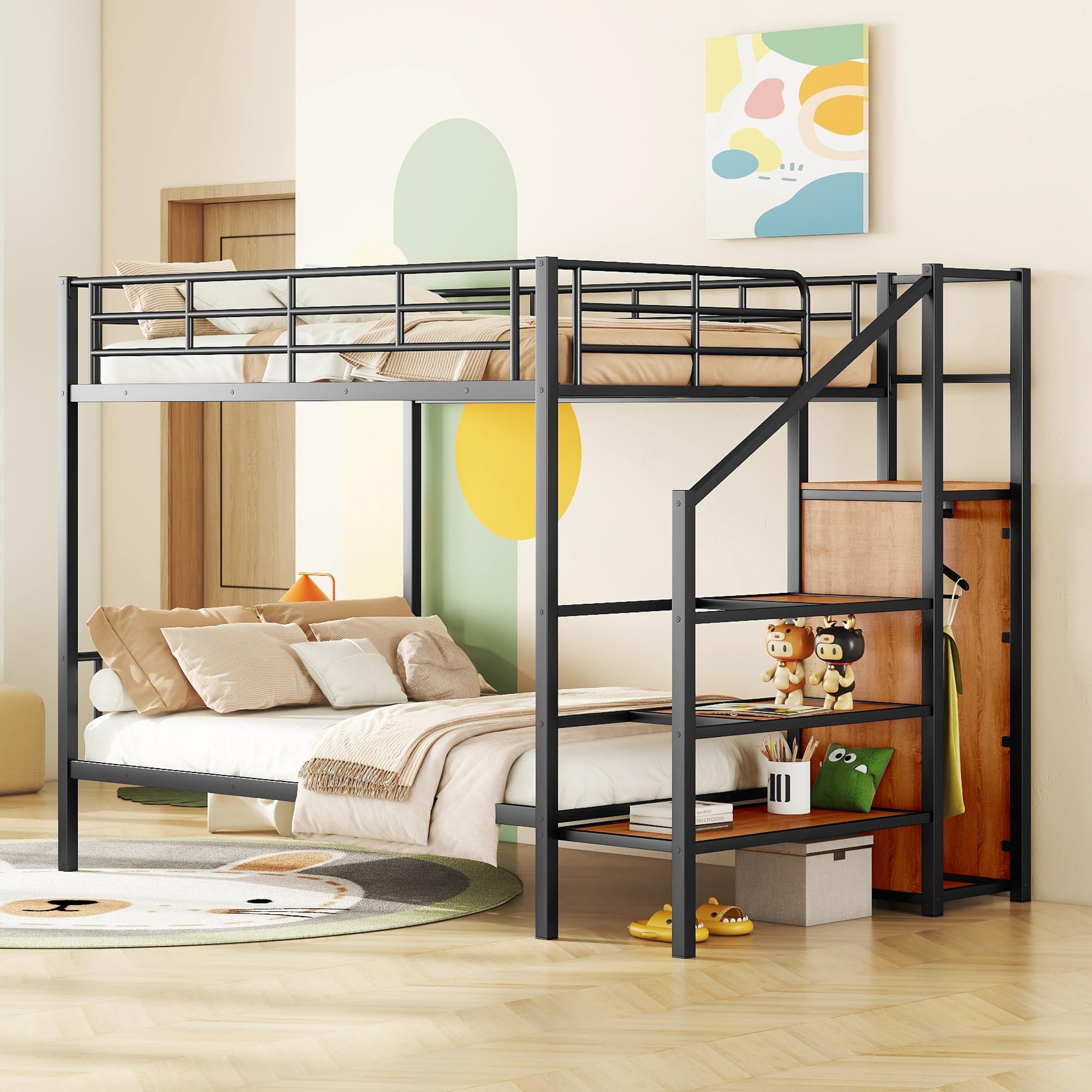Metal Full Over Full Bunk Bed with Lateral Storage Ladder and Wardrobe,for Kids Teens Adults Bedroom Use (Black@Wardrobe, Full Over Full) BOX 2 of 2 ONLY)