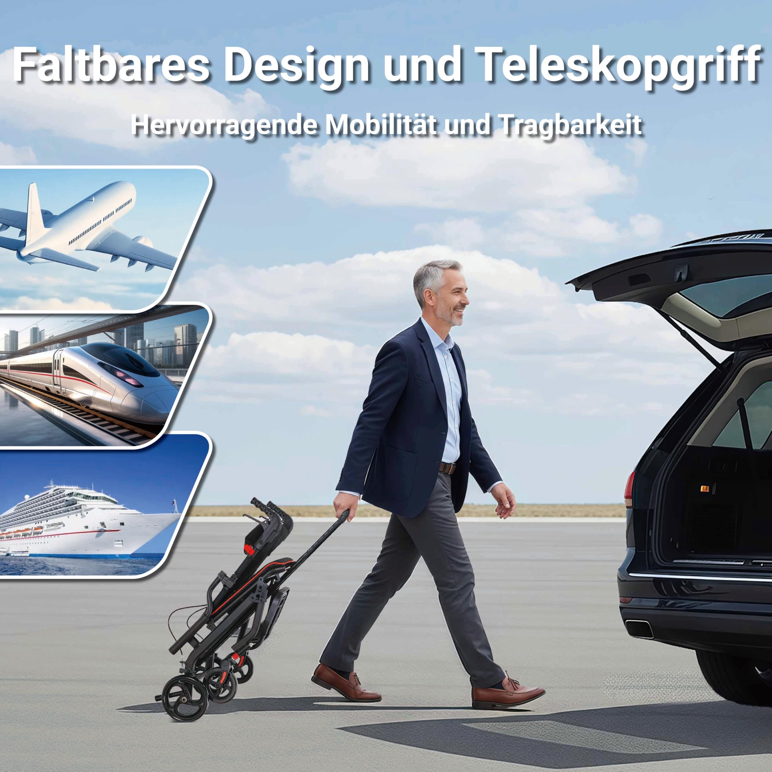 Rollstuhl Faltbar Leicht Reiserollstuhl bis 136 kg | Schmal Rollstühle Klappbar Aluminium mit Ausziehbarem Zuggriff Rutschfeste Fußstütze für Senioren Wohnung & Reisen