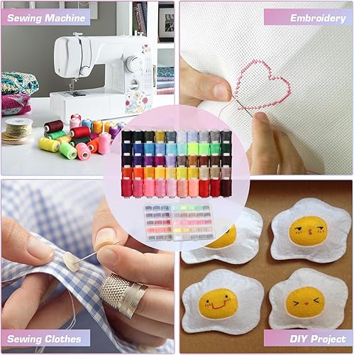 Miniatura 5 de Blibly 100 piezas de kit de hilos de coser y bobinas, 500 yardas de hilos de poliéster, bobinas preenrolladas con estuche, 50 colores