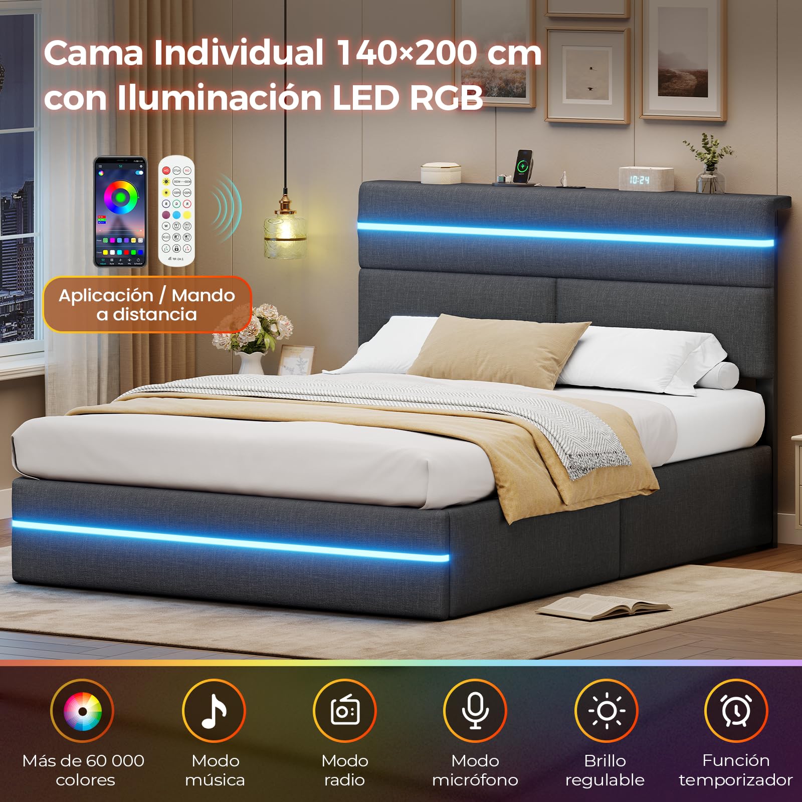 AOGLLATI Cama Matrimonio 140x190 con Almacenamiento Hidráulico, Cama Tapizada con LED y Estación de Carga, Estructura Cama con Cabecero Tapizado, Cama Doble con Canapé de Gran Capacidad, Gris Oscuro