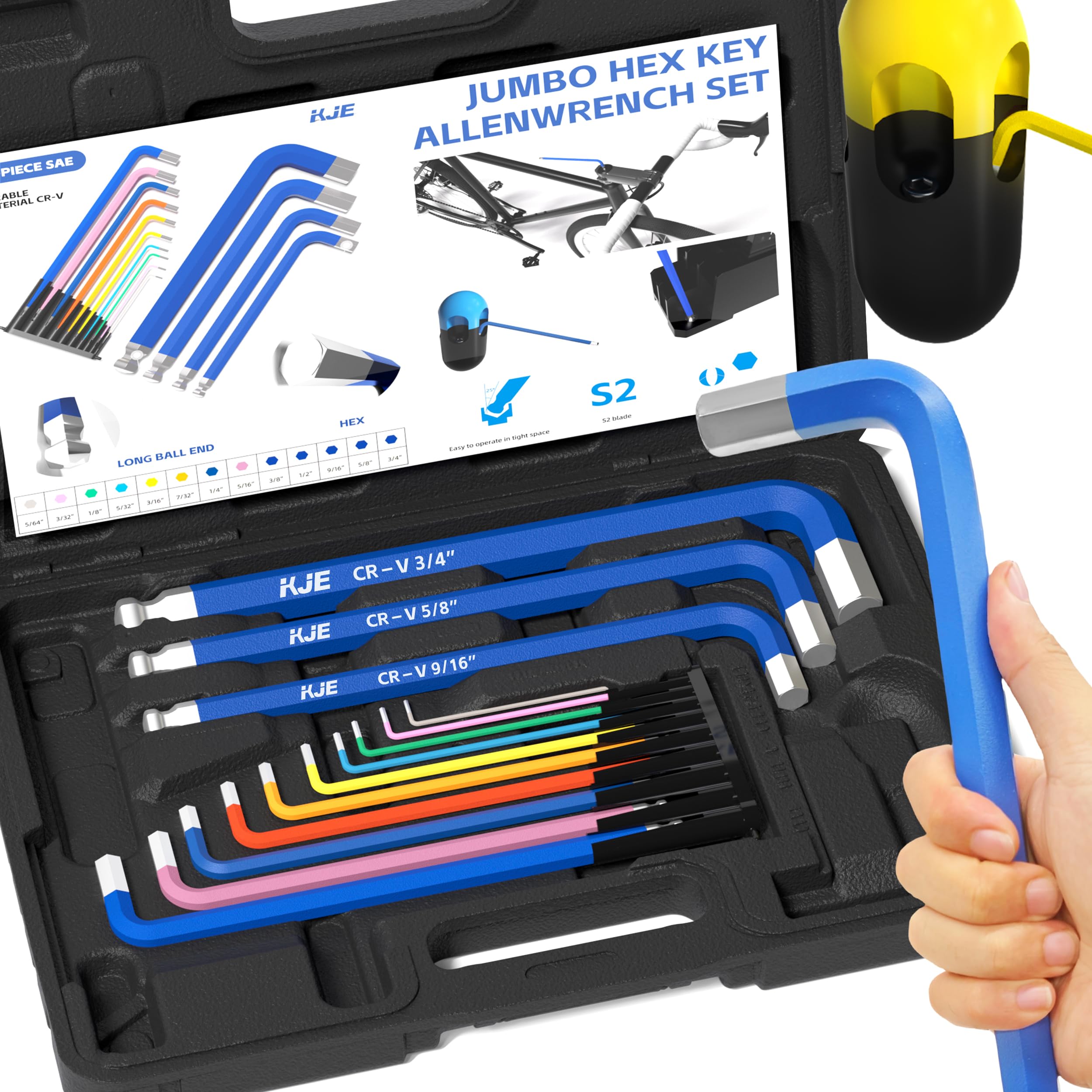 KJE 14-Piece Extra Long Jumbo Hex Key Allen Wrench Set, Large SAE Size 1/16"-3/4" with T-handle, Long Ball End, Durable S2, For Automotive, Mechanic, Furniture, Professional Grade Tools