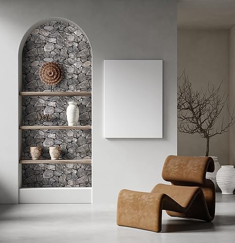 Miniatura 4 de CONCORD WALLCOVERINGS  Papel tapiz de piedra 3D para despegar y pegar, color gris oscuro, imitación Wild Boulder, cinta autoadhesiva extraíble P&S -