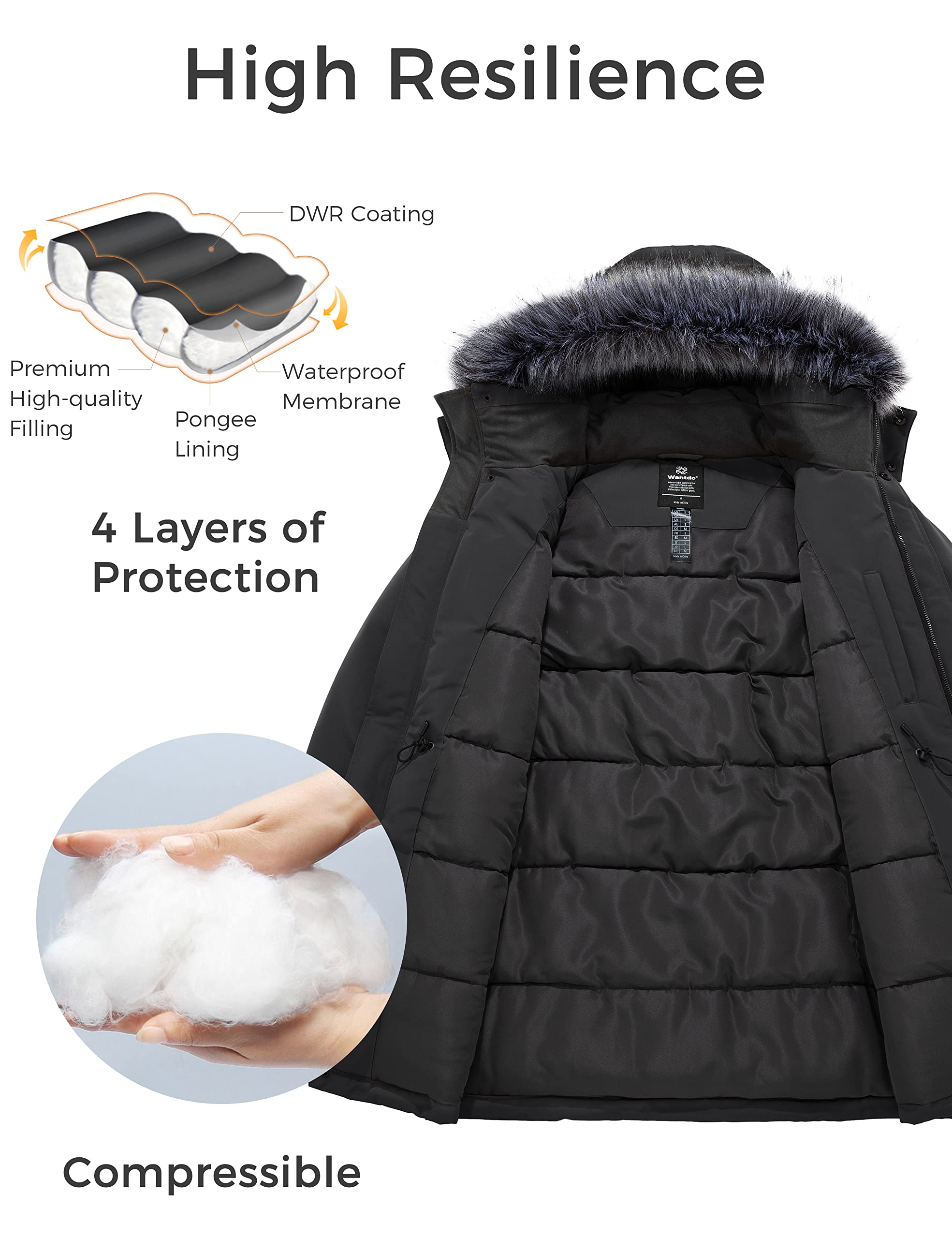 Wantdo Cappotto Spesso Caldo Invernale Giacca Media Lunghezza Antivento Parka con Cappuccio in Pelliccia Sintetica Giubbotto Slim Fit Idrorepellente Uomo
