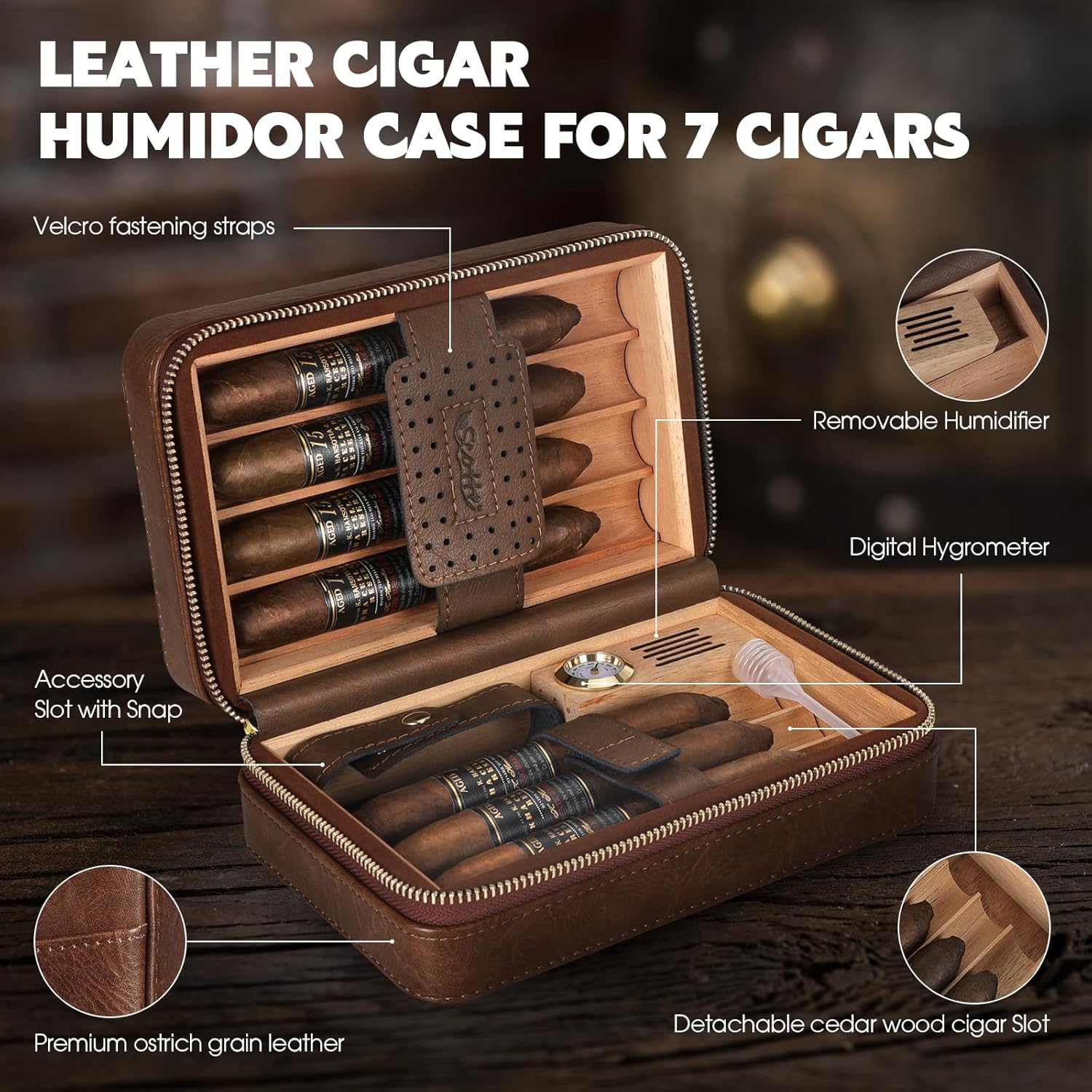 Scotte Cigar Humidor Box, Cigar Lighter Cedar Wood Lined Leather Cigar Case Built in Hygrometer & Humidifier, Torch Lighter with Cigar Holder Cigar Punch Portable Travel Cigar Humidor (Smooth Brown)