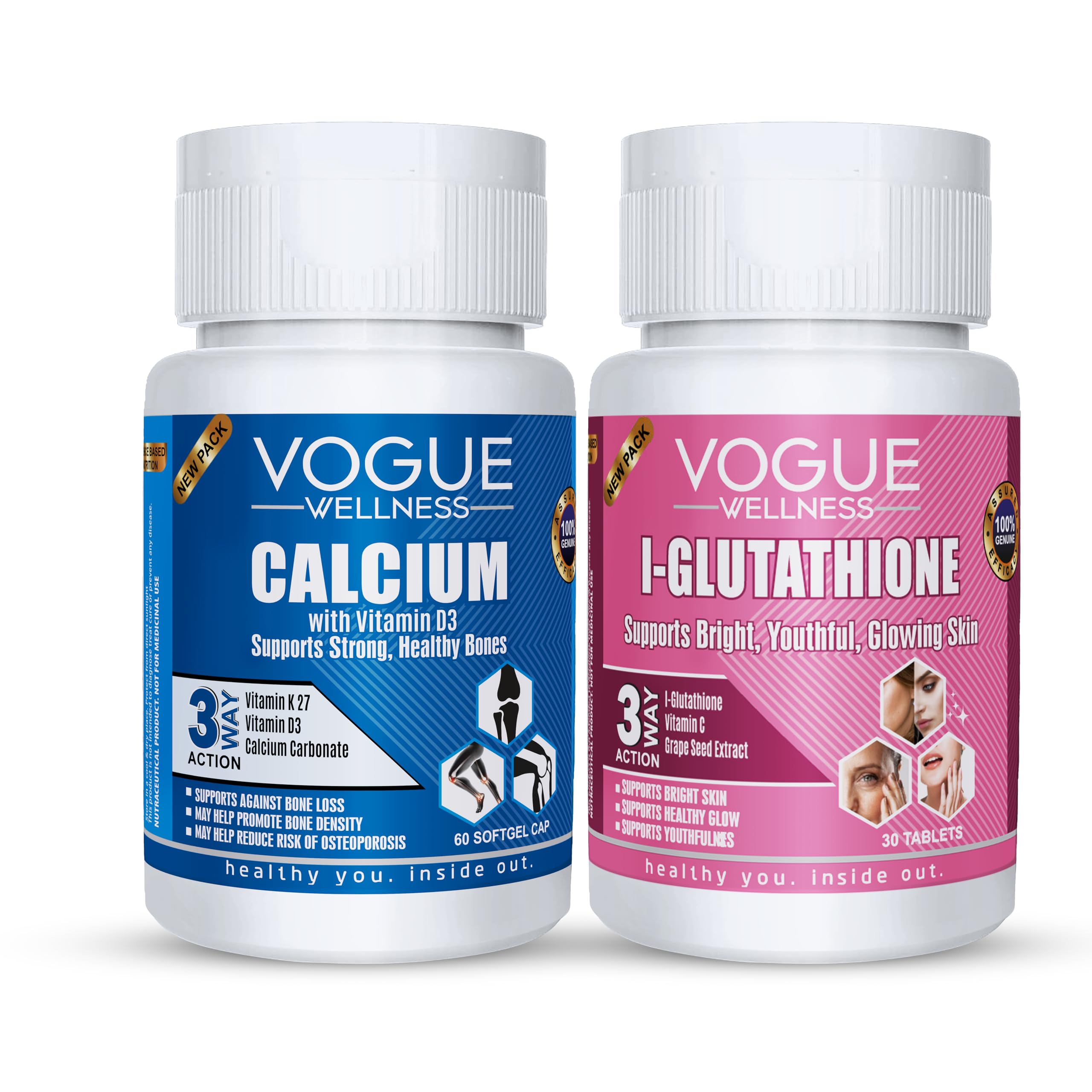 Vogue Wellness L-Glutathione Tablets 500Mg & Calcium 500Mg With Magnesium,  Zinc, Vitamin D3, K2-7