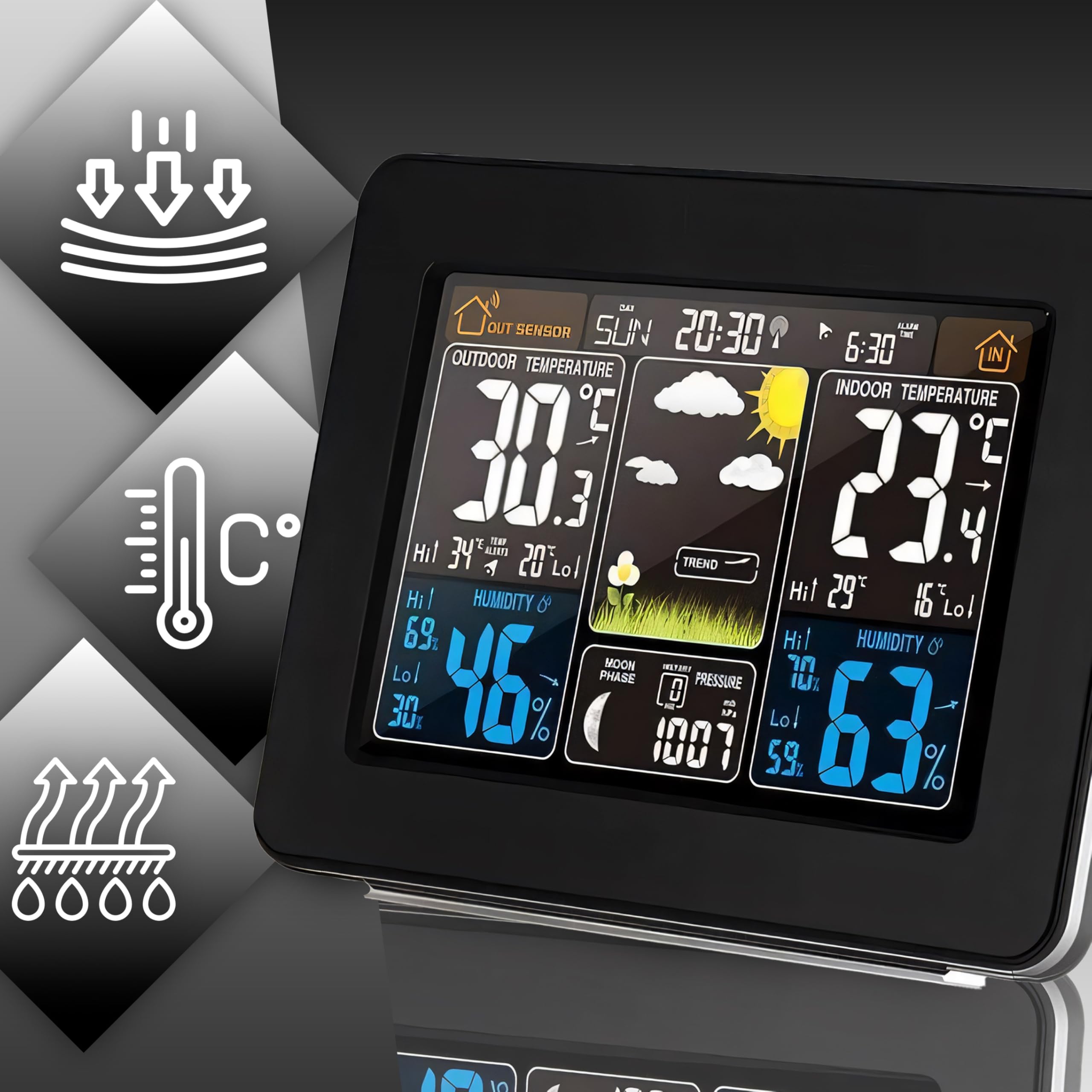 Retoo Stazione meteorologica multifunzione con sensore esterno e display digitale a colori, stazione meteo radio con previsioni meteo, igrometro barometro, fase lunare e portata di 60 m (nero)