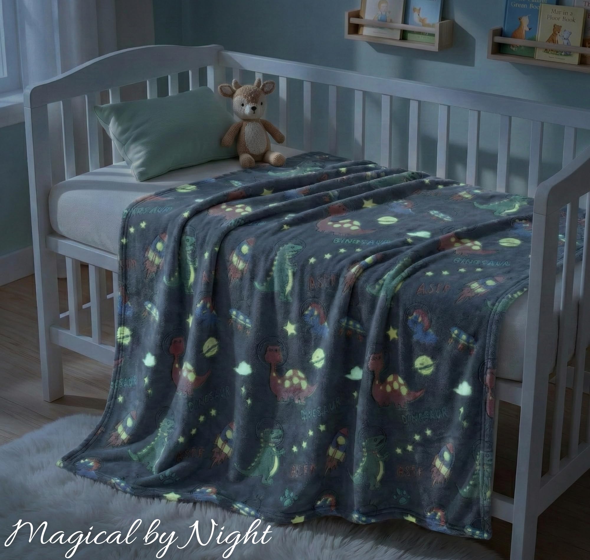 BSB HOME Glow in The Dark Kids Blanket, Soft Flannel Fleece Luminous Blanket for Boys & Girls, Cozy Lightweight Kids Throw for Bed – 30 x 40 in (76 x 102 cm) (Dinosaur & Space Theme - Dark Grey) 3