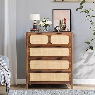 LEVNARY 4 Drawer Dresser for Bedroom, Rattan Dresser Drawers Storage Cane Cabinet, Wooden Chest of Drawers for Bedroom, Entryway, Living Room (1, Walnut)