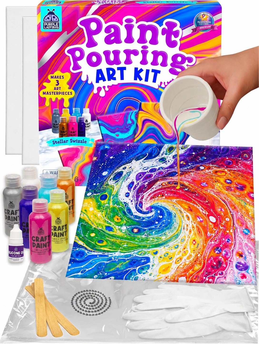 Low-Mess Pouring Paint for Kids, Non-Toxic Crafts for Girls 8-12 | Washable Painting for Kids, Includes Gloves & Table Cover, Easier Cleanup,
