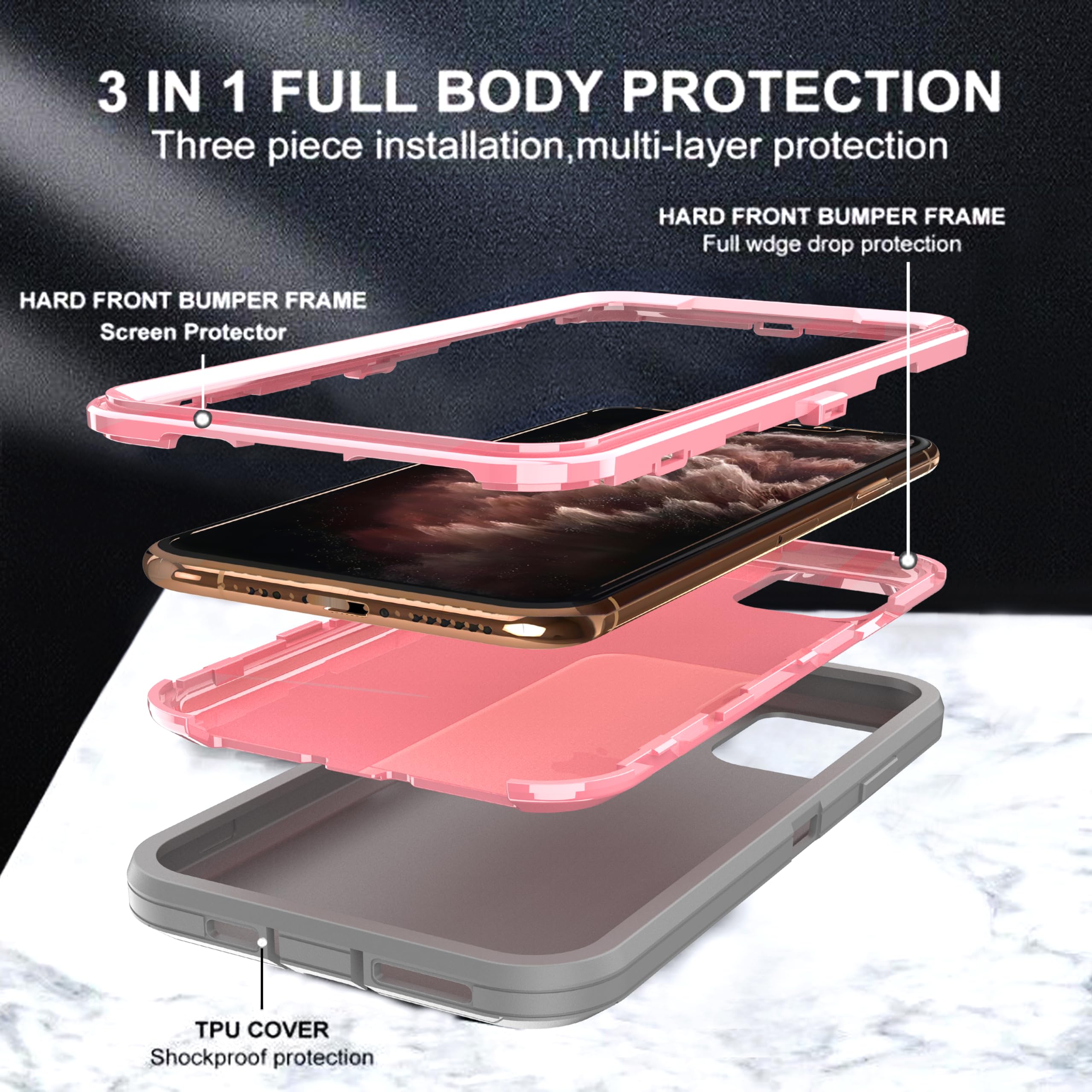 YmhxcY for iPhone 11 Pro Max Case 6.5-Inch with Explosion-Proof Screen Protector,3 in 1 Shockproof TPU Hard PC Bumper Drop-Proof Shell for iPhone 11 Pro Max-Gray/Pink - Image 4