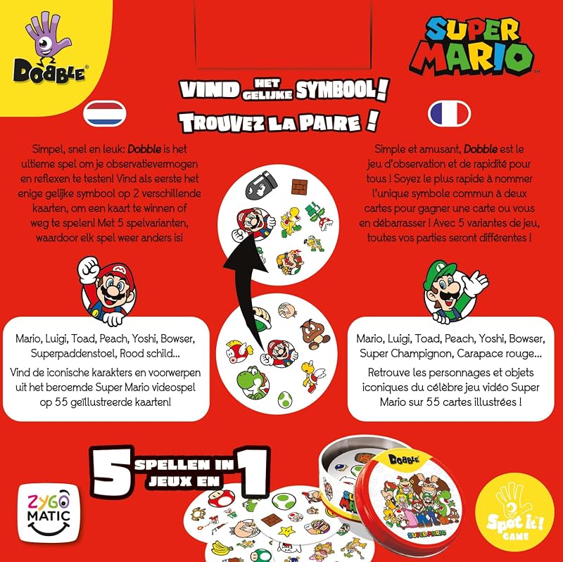 Asmodee Dobble: Super Mario - Gyors megfigyelési kártyajáték 2-8 játékos részére - Családi társasjáték 6 éves kortól - 15 perces játékidő