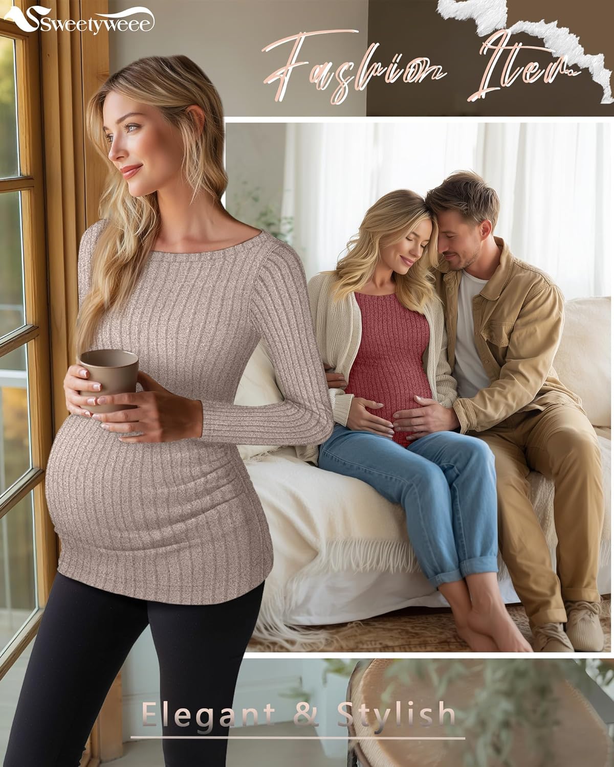 3 Pack Maternity Sweaters Long Sleeve Ribbed Maternity Shirts Lightweight Stretch Pregnancy Tops Winter Layering - Image 4