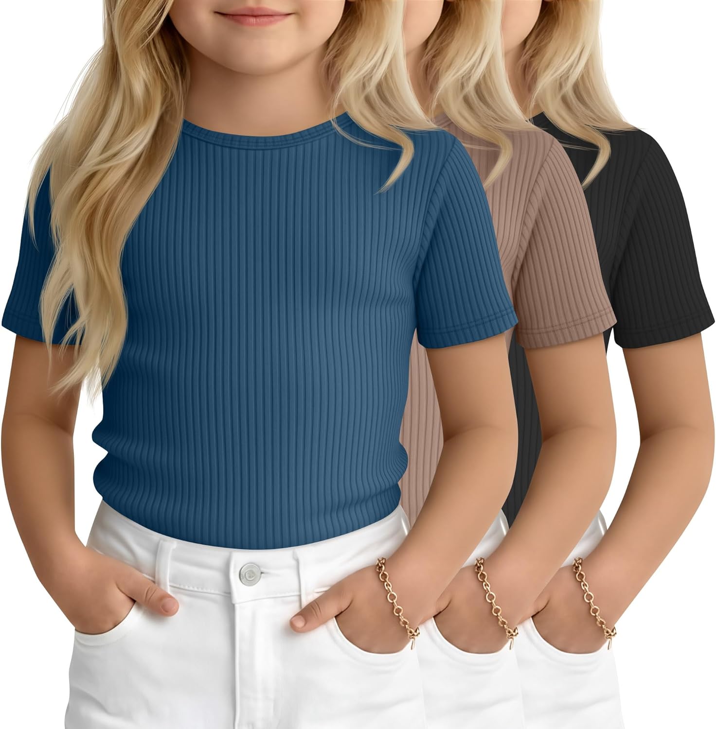 3 Pack Toddler Girls' Ribbed Shirts Short Sleeve Crew Neck T Shirts Knit Slim Fit Soft Solid Base Layer Tee 18M-5T
