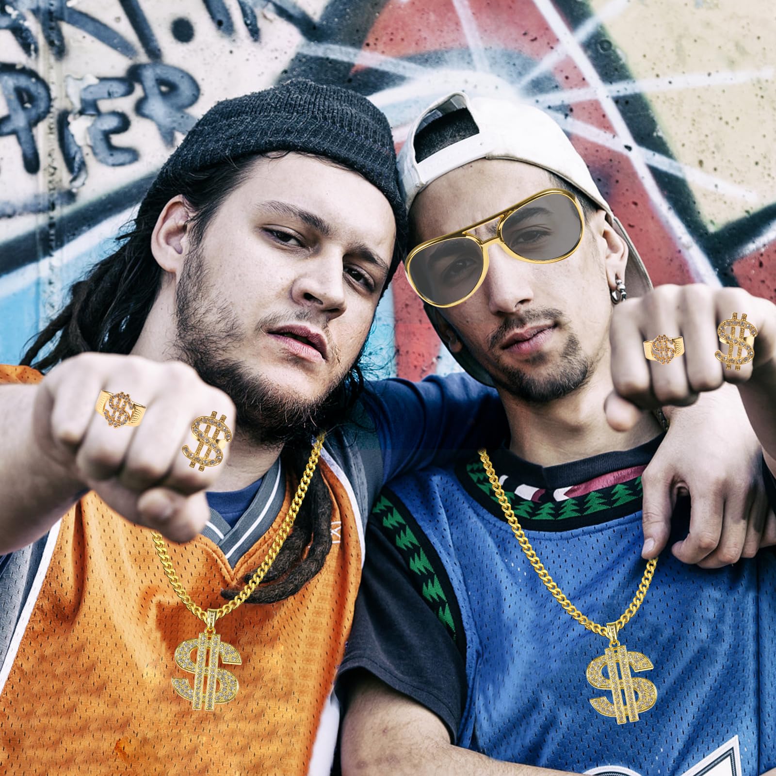 FUKPO Kit Chaîne Dollar Bague Lunettes Soleil Or - Accessoires Rappeur 80s 90s Hip Hop