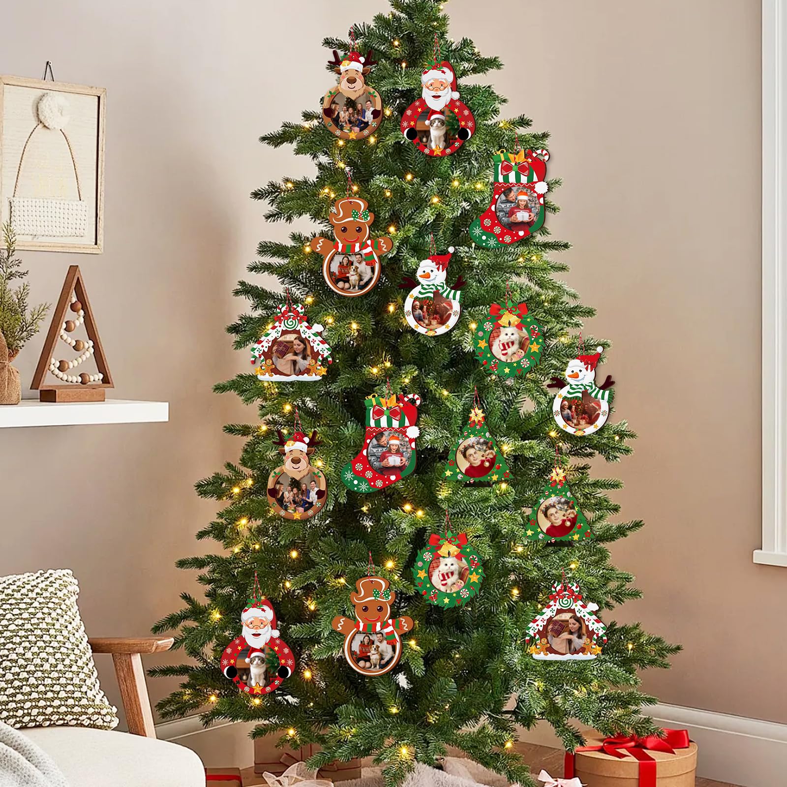 Juego de 16 marcos de fotos para árbol de Navidad, colgante de madera de Navidad, colgante de madera de Navidad, para pintar, decoración de Navidad, decoración de ventana