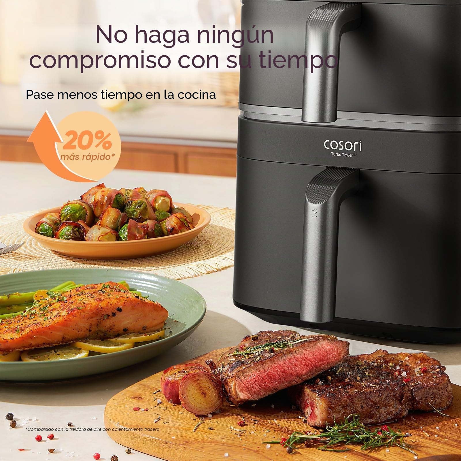 Cosori Air Fryer Turbo Tower 10,8L, Freidora sin aceite con 2 cajones, 3 niveles de cocción, 6 en 1, diseño compacto y apilable, 41 por ciento menos grande que los Airfryer Tradicionales, 300+ recetas