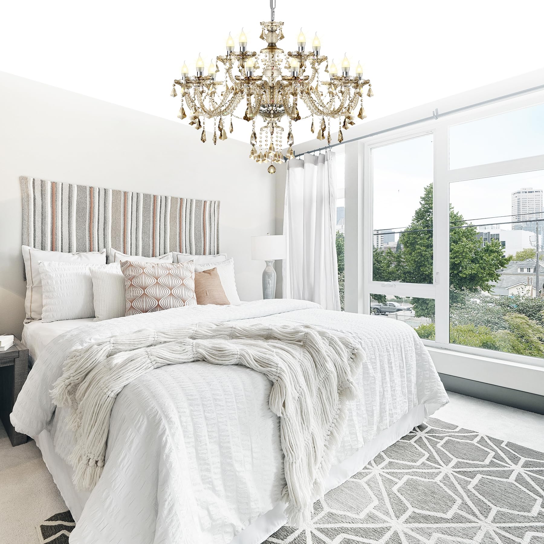 Luxuriöser 15-Lichter K9-Kristallleuchter Cognac, E14 Kerzen Kronleuchter, Moderne Hängeleuchte für Wohnzimmer Schlafzimmer Esszimmer und Gastronomie