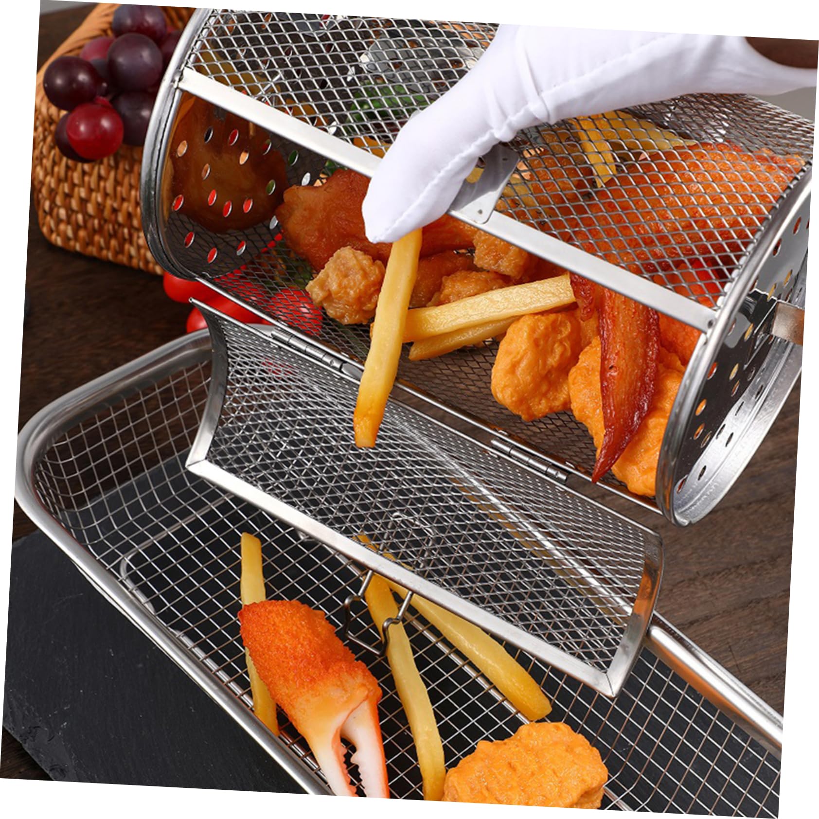 Jaula para Horno Asador de Acero Inoxidable, Giratoria | Plata, para Almendras y Castañas, Calentamiento Uniforme, Uso Seguro y Práctico