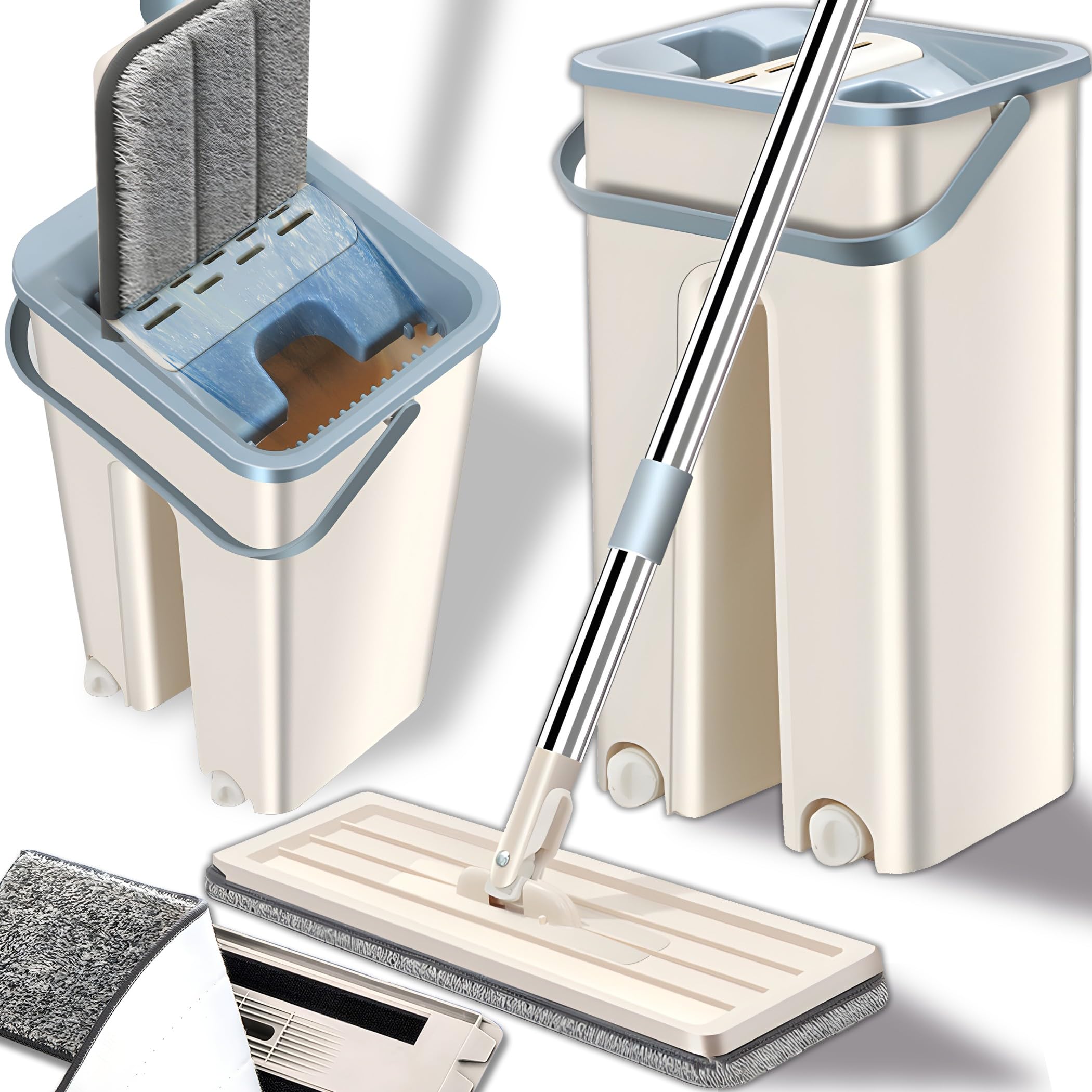 Reeto Wischmopp Set mit Edelstahlgriff für Hartholzputz Marmorputz Flachbodenreinigung für Haus Allgewäссr Mikrofaser Wi