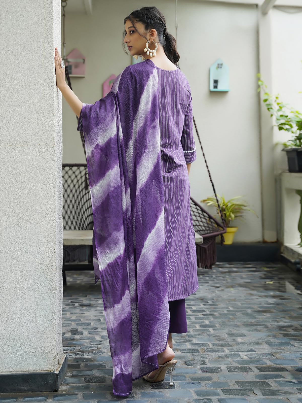 Sanisa Women's Cotton Woven Sequins Work Straight Kurta With Pant And Dupatta Set (214Kbd2263N-S_Purple & White)