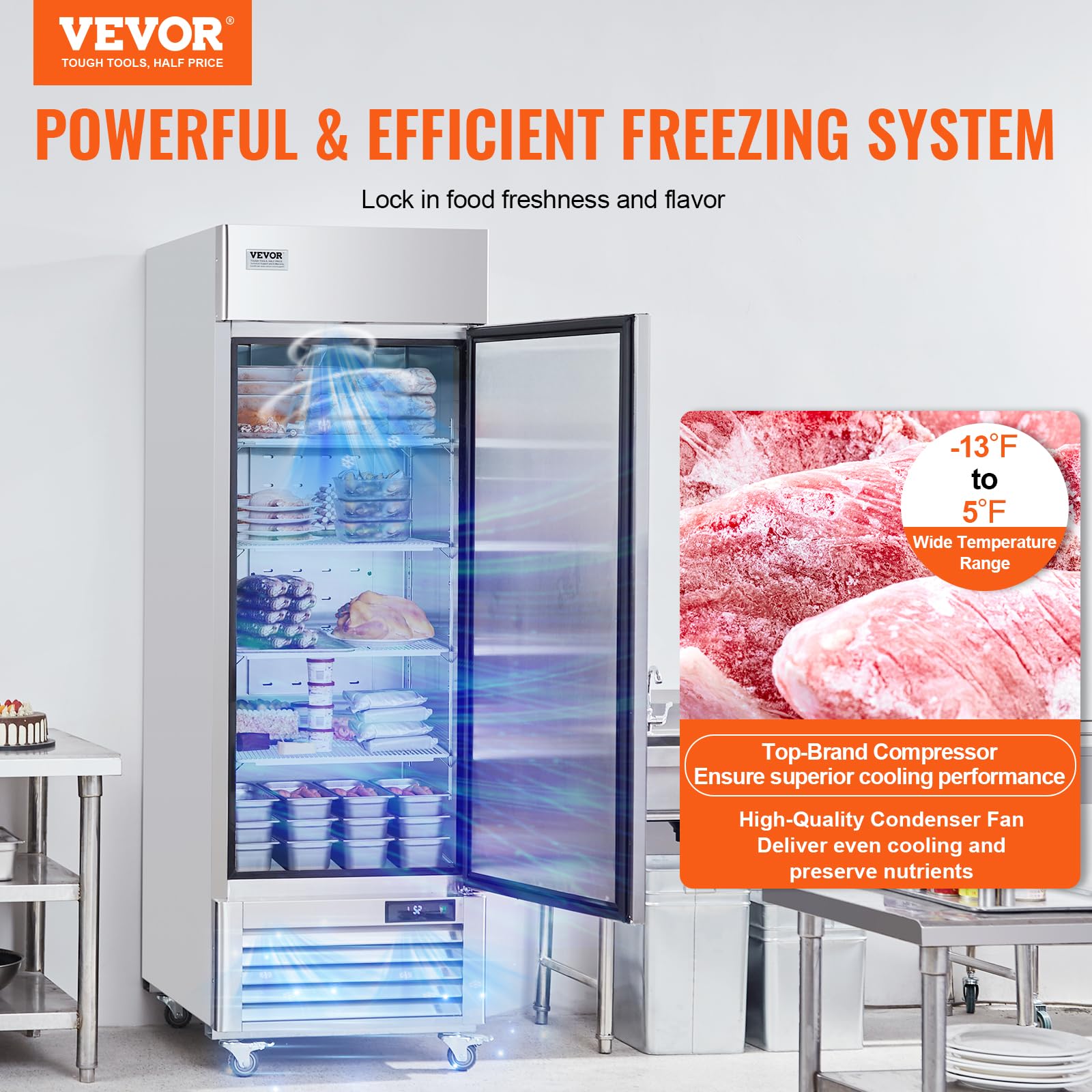 VEVOR Congélateur Commercial 570 L, Armoire de Congélation à Portée de Main 1 Porte, en Inox, Dégivrage Automatique, Contrôle de Température -25 à -15 ℃, 3 Tablettes et 4 Roues, Cuisine Restaurant