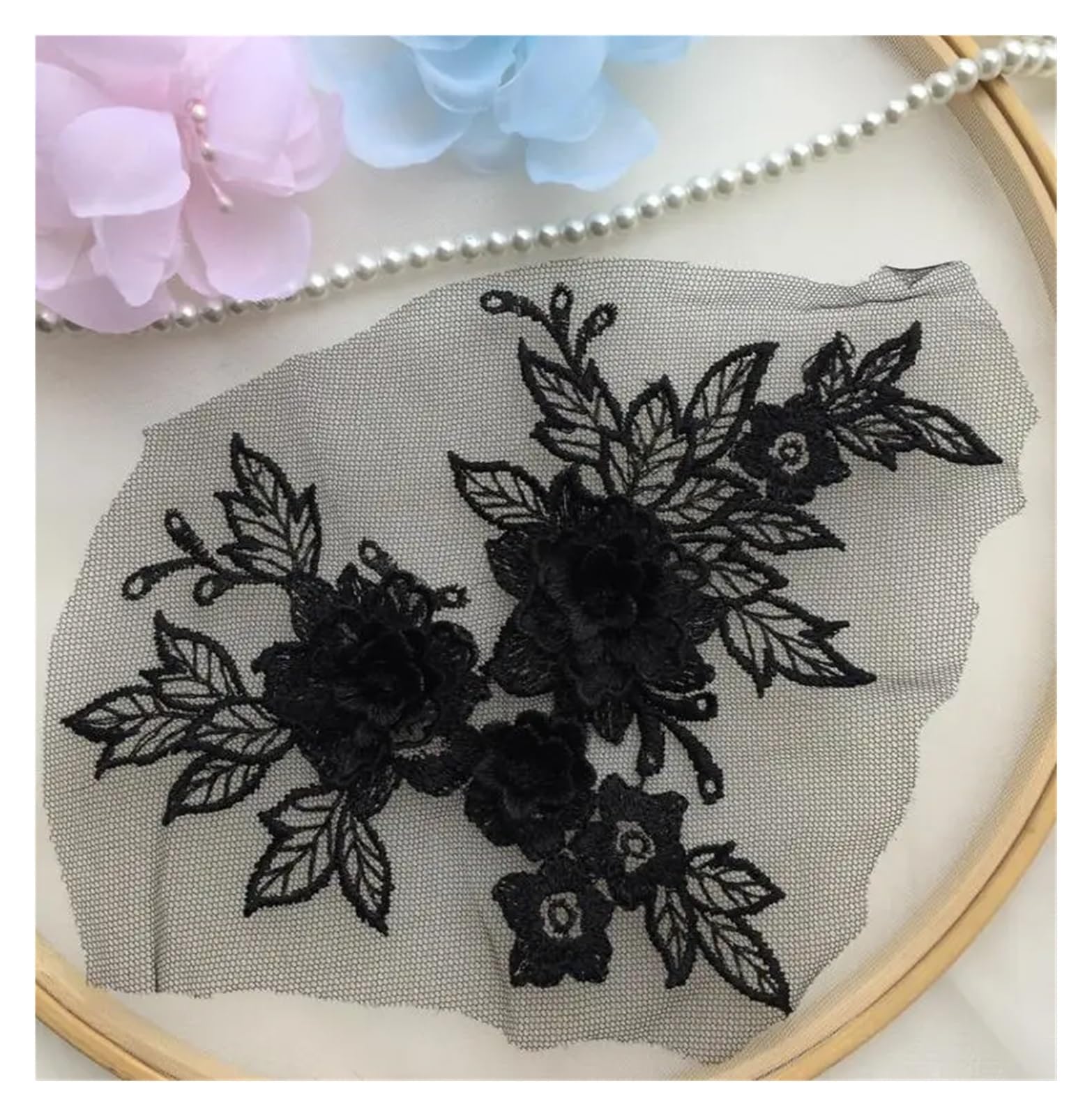 Applique de dentelle 3D brodée noire avec patch fleur fait main de 15 x 19cm
