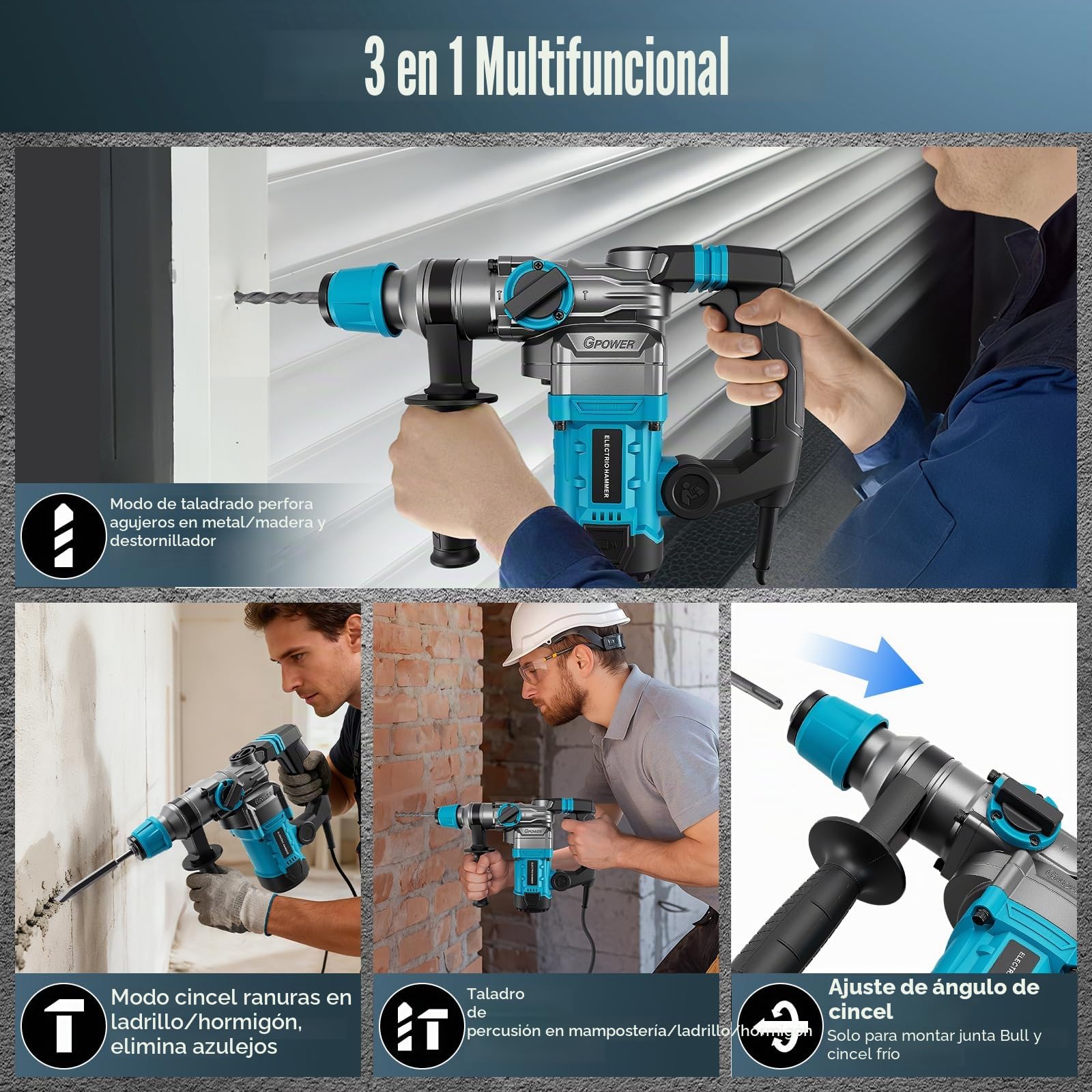 3 en 1 martillo demoledor,1500W martillo percutor Con 6 brocas y cinceles,energía de impacto de 12 J,diámetro de la broca: 40 mm,taladro percutor mango antivibración y embrague de seguridad