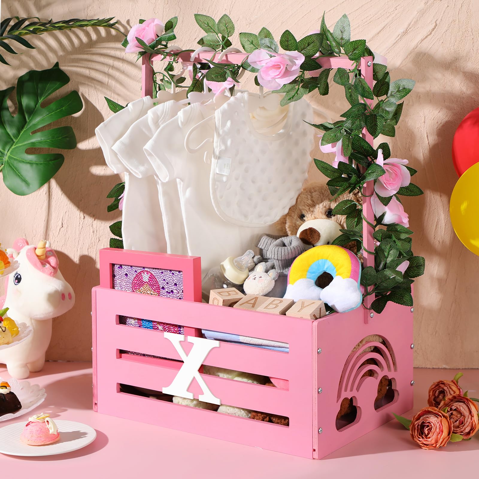 Yerliker Caja de almacenamiento de madera para baby shower con asa, guirnalda de 26 letras, caja de regalo para niñas y niños, regalos de embarazo (rosa)