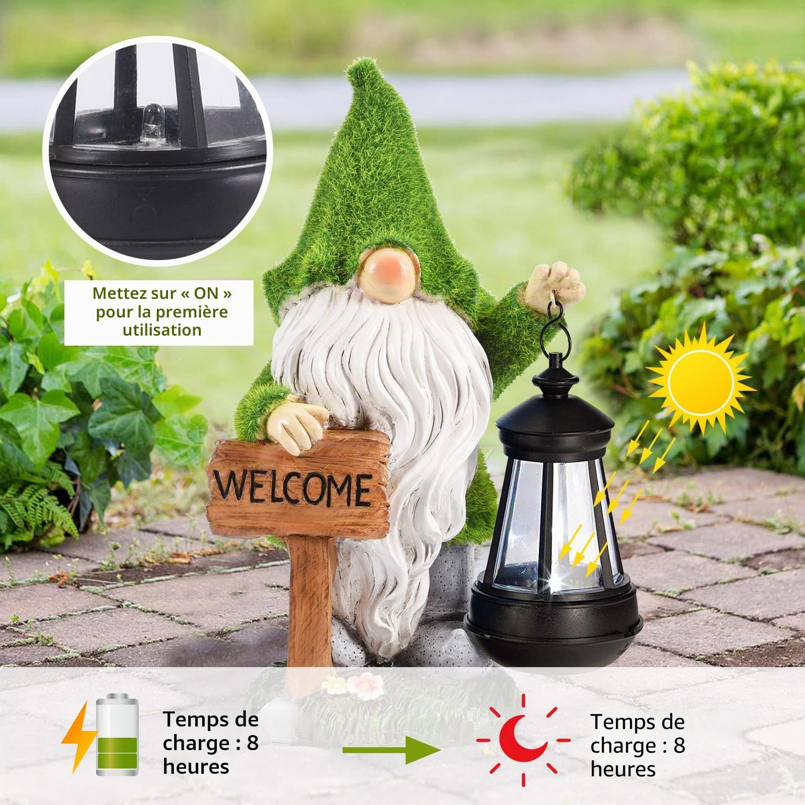GNOME Décoration Jardin avec Lampe Solaire et Panneau Bienvenue 30cm