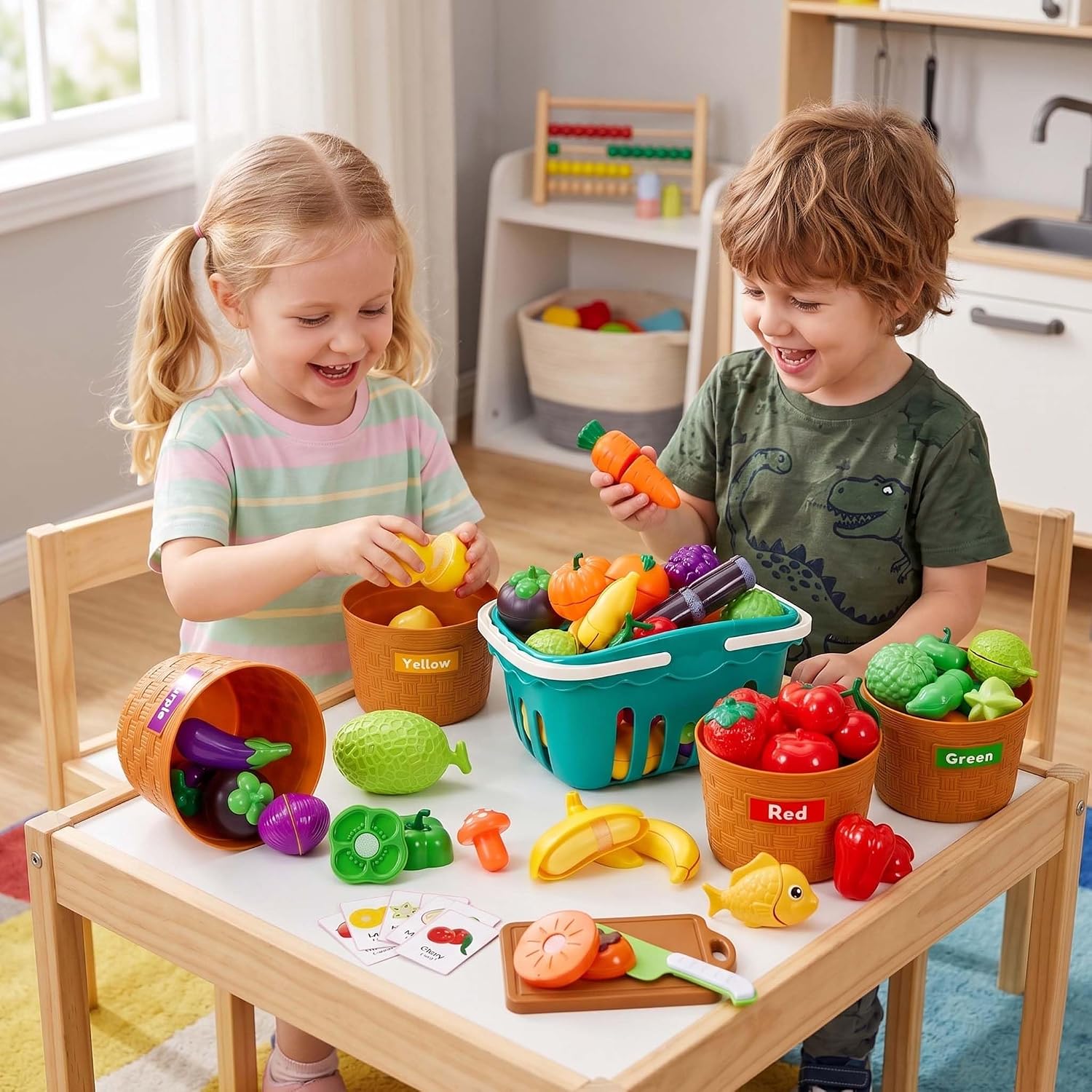 Cutting Play Food Toys, 115 Pieces Pretend Play Kitchen Accessories, Color Sorting with 5 Baskets, Fake Fruits/Vegetables Cards, Play Money, Birthday Gift, Educational Toy for Toddler Children