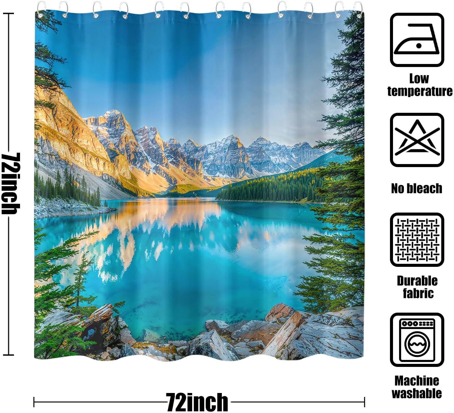Glacier Mountain Shower Curtain Lake Scenery Bathroom Curtain High-Definition Nature Landscape Shower Curtain Set with 12 Hooks 72x72 Inches