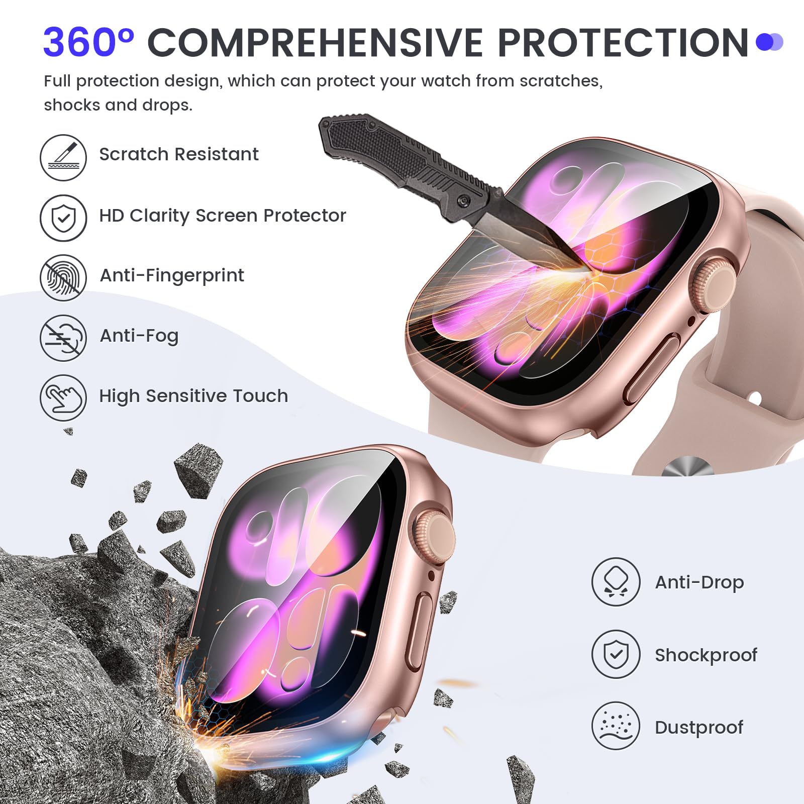 Kamita Wodoodporne etui kompatybilne z Apple Watch Series 10 42 mm z wbudowaną folią ochronną ze szkła hartowanego, twarde etui ochronne z poliwęglanu (różowe złoto)