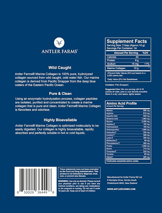 Antler Farms - 100% Pure, Clean Marine Collagen Powder from Wild Caught Pacific Snapper, 12 oz Soluble in Hot or Cold Liquids, Highly Bioavailable, Rapid Absorption, No Taste or Smell
