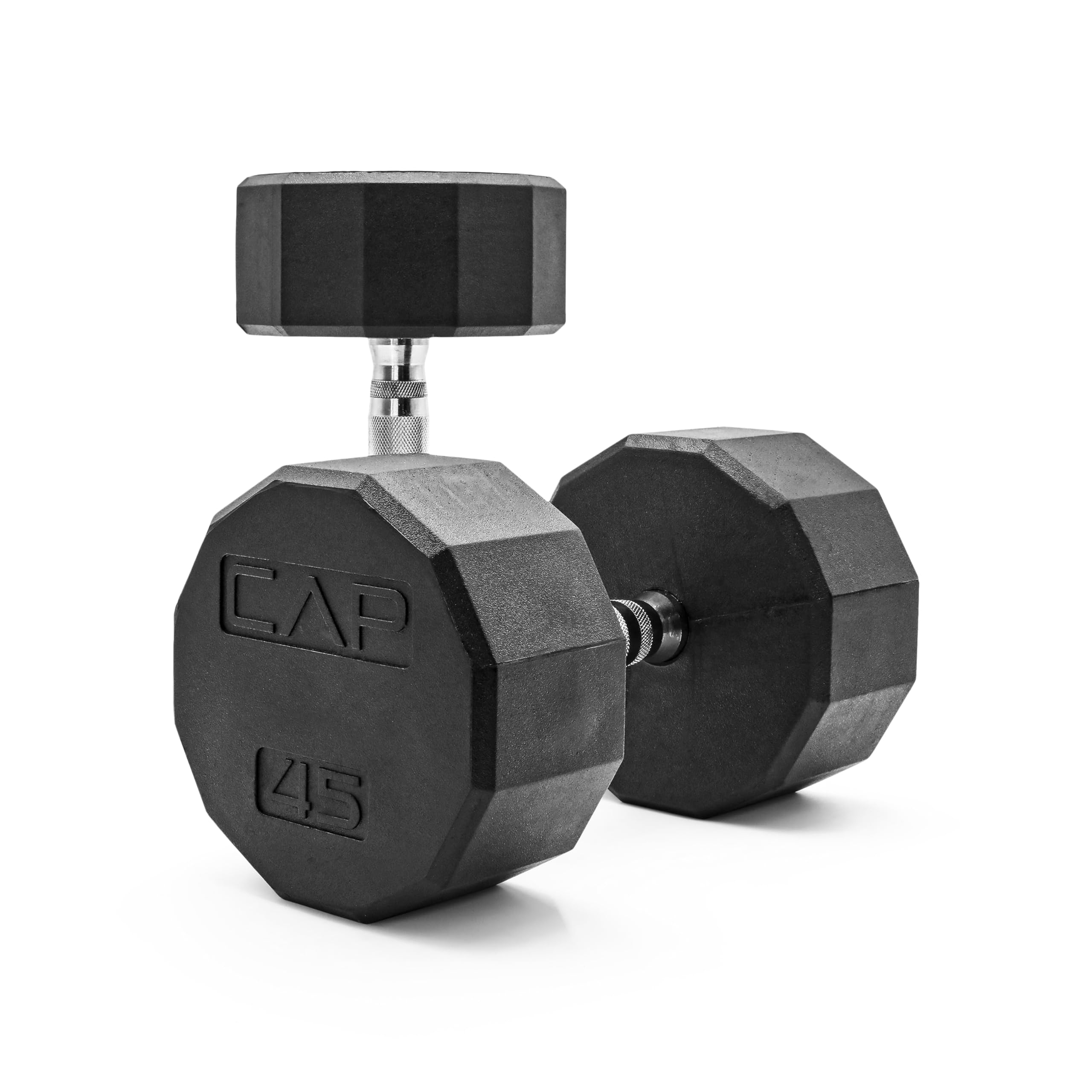 CAP Rubber Coated Dumbbell Weights, Free Weights for Home Gym Strength Training, Anti-Roll Hex Dumbbells with Black, Chrome &amp; Comfort Grip Handles, Pairs &amp; Sets