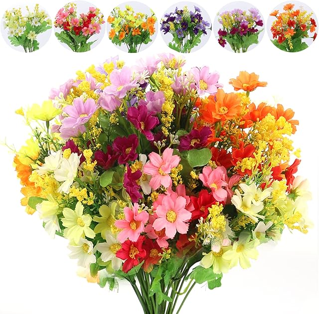 YANGTE Artificial Flowers 6Pcs, Fake Daisy Single Silk Flowers Plastic Bushes Plants Indoor Outside Home Kitchen Decore Garden Green Shrubs faux flowers