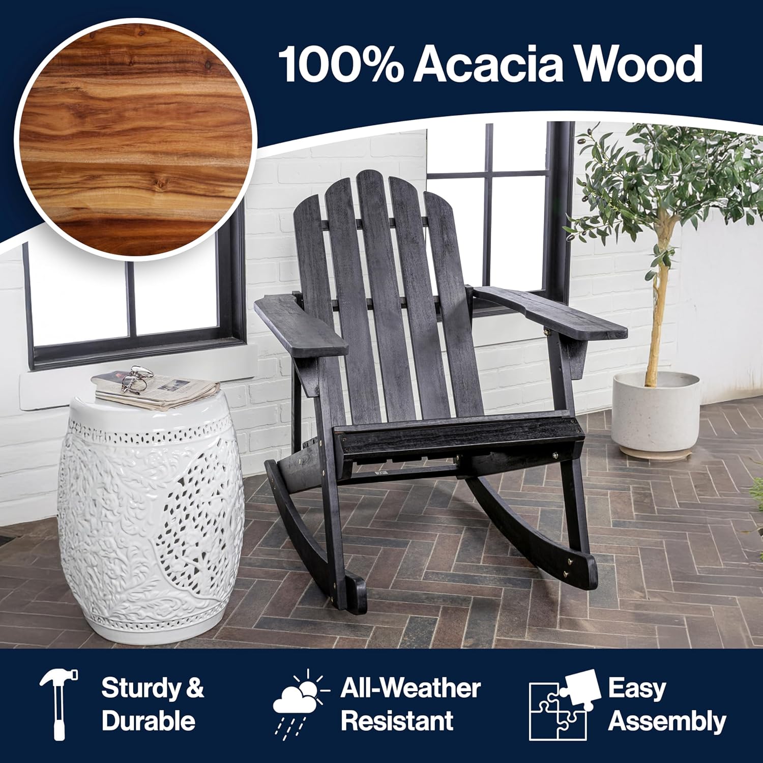 JONATHAN Y PAT1000D Kiawah Outdoor Patio Classic Acacia Wood Adirondack Rocking Chair for Garden, Lawn, Backyard, Pool, Deck, Beach, Firepit, Black