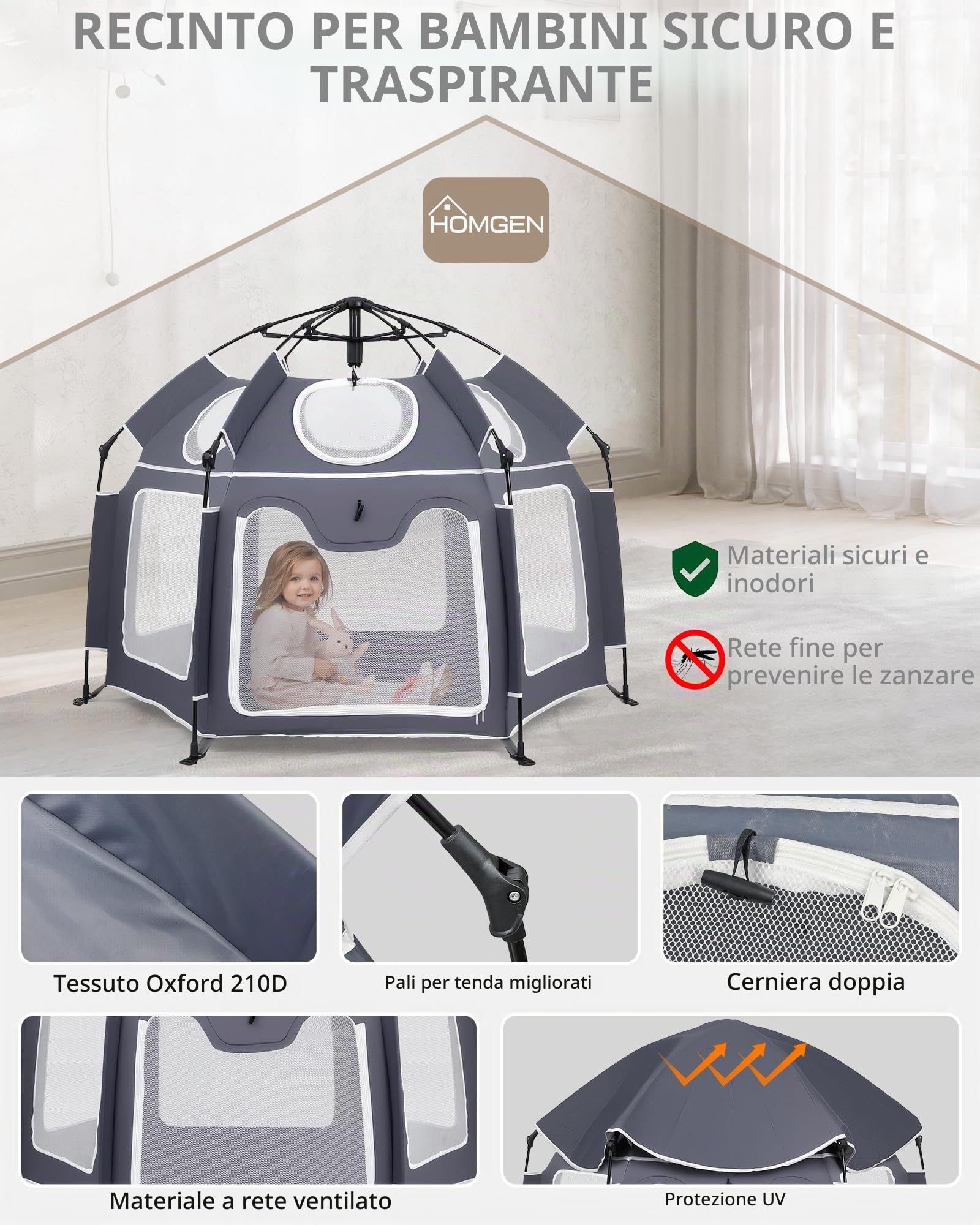 HOMGEN Box Pieghevole POP-UP 150x110 cm con Copertura UV Rimovibile in Tessuto Oxford 210D Box da Esterno per Bambini Portatile in Rete per Spiaggia, Parco e Casa