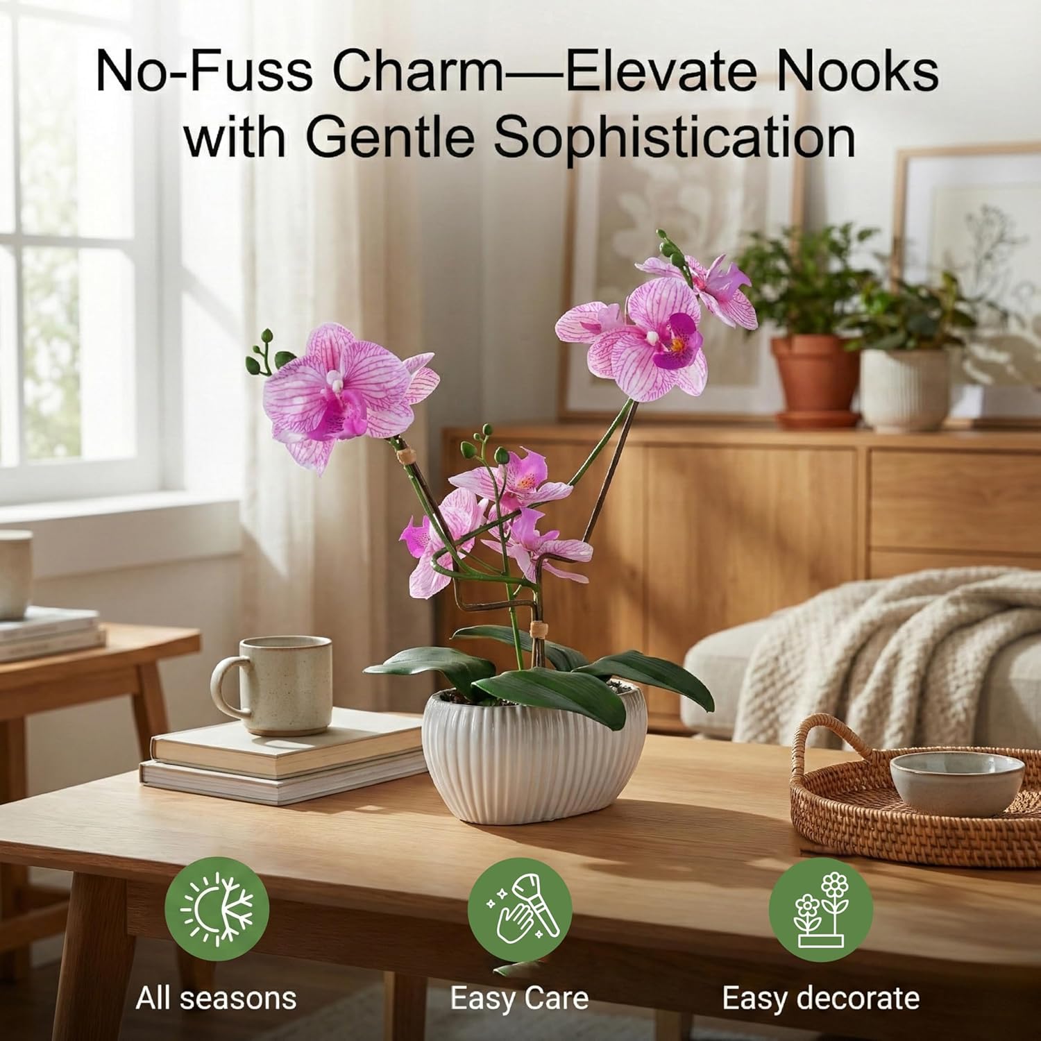 Artificial Orchids - Real Touch Flowers Fake Orchid with Ceramic Pot,17.5" H Faux Silk Orchid Arrangement for Home Office Decor（Purple）