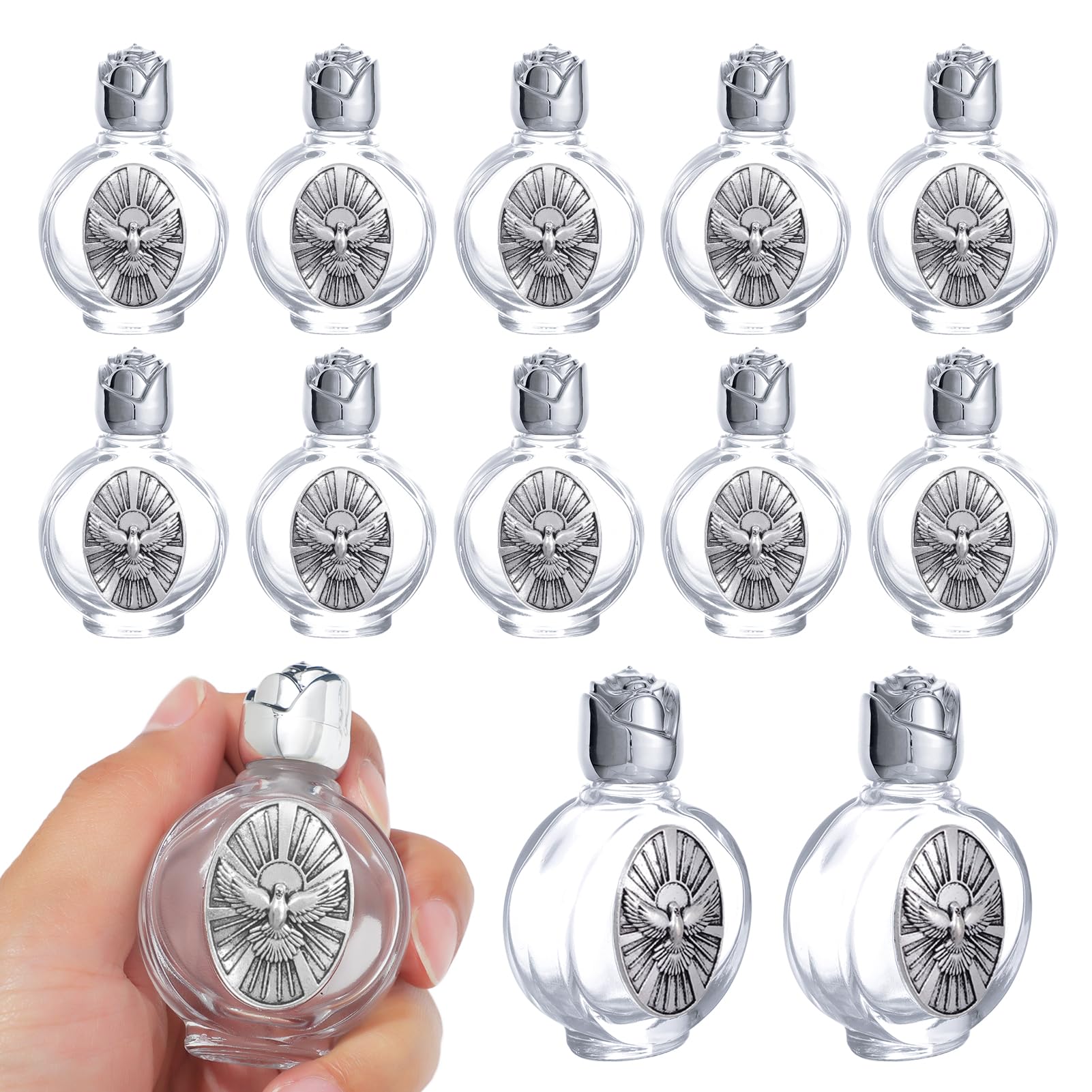 Photo 1 of **Only 11** KOMI 12PCS Glass Holy Water Bottle 0.5 floz Mini Holy Water Container with Embossed Holy Spirit Dove Religious Empty Travel Bottle Church Catholic Gifts