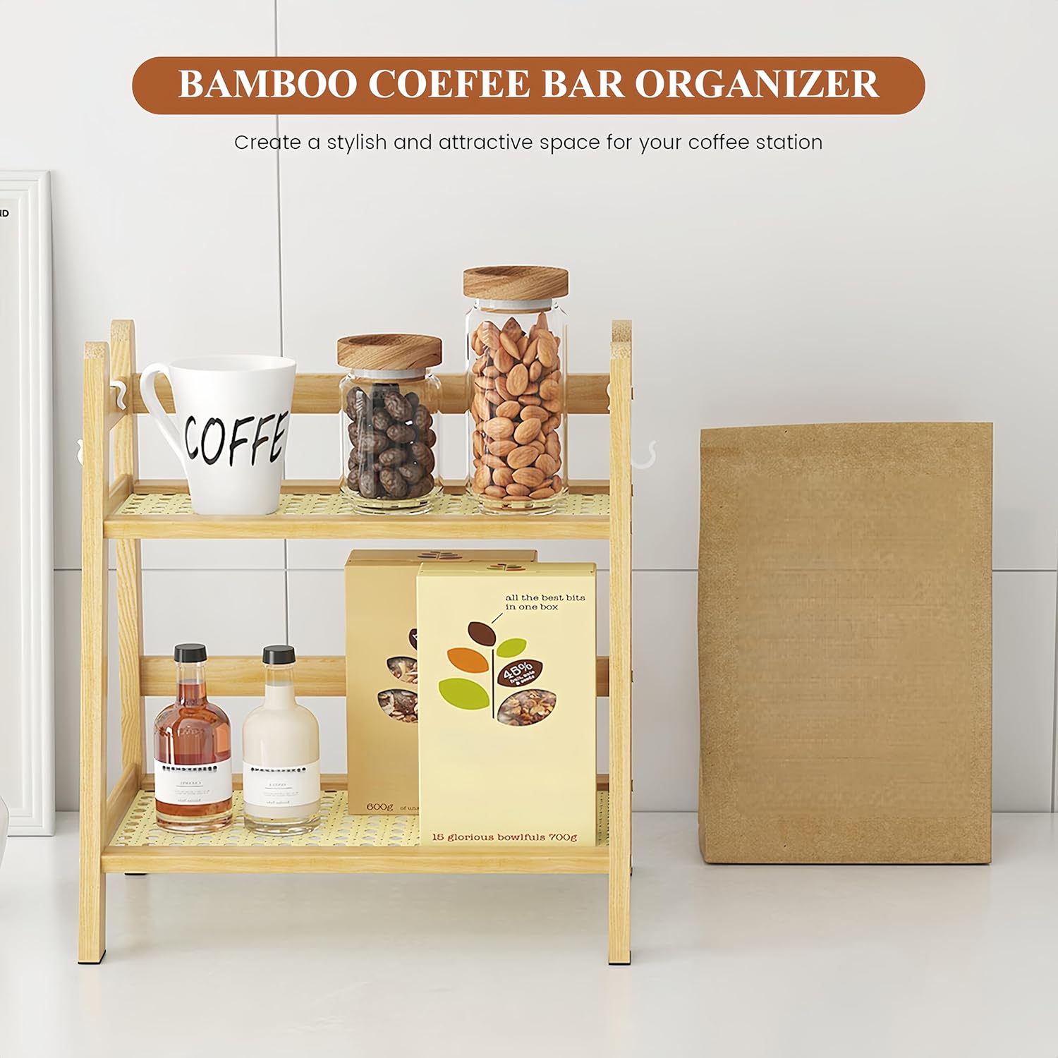 Countertop Coffee Station Organizer，2-Tier Bamboo Coffee Bar Organizer with 2 Removable Hooks，Condiment Storage Caddy for Kitchen (2pcs)