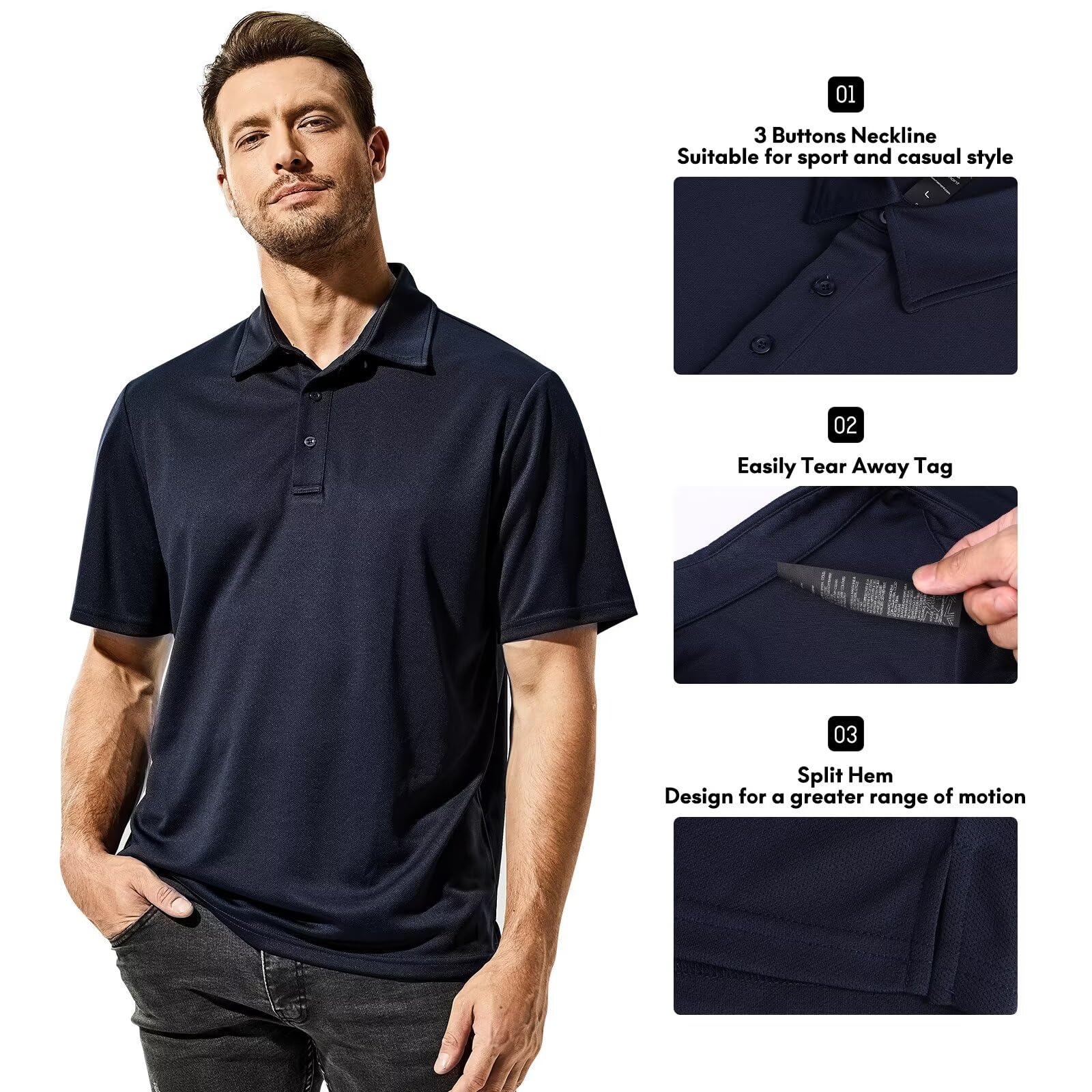 Haimont Polo T Shirts for Men Quick Dry Short Sleeve Golf Shirts Performance Collared Tees, Navy, L