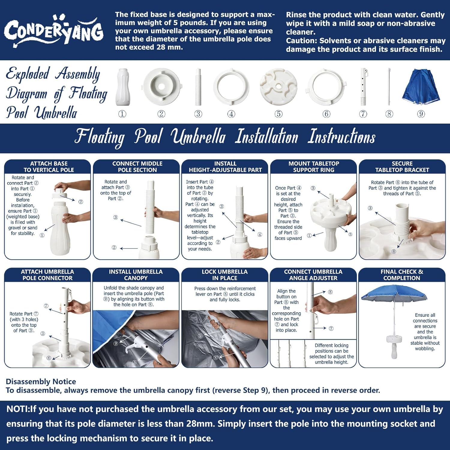 7ft Floating Umbrella for Inside of Sun UV Protection Outdoor Umbrella with Base, Portable Floating Table and Drink Cup Holders No-Tools Setup Summer Supplies for Beach Lake