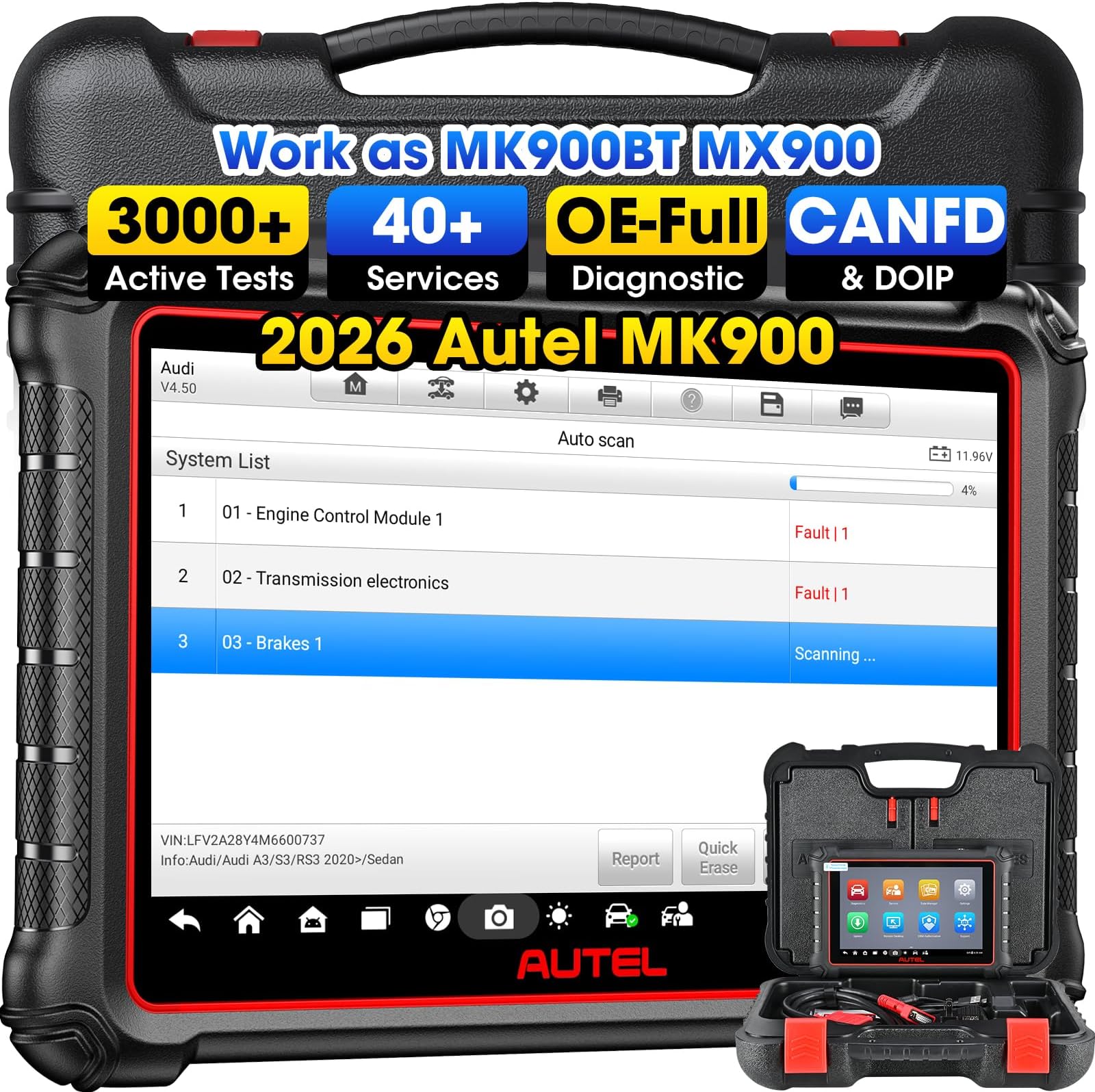 MK900 Scanner, 2026 OBD2 Diagnostic Tool Up of MK808S MX808S MK808BT, Works as MaxiCOM MX900 MK900BT MK900-BT w/ 3000+ Bidirectional Active Tests, All System, 40+ Resets, DOIP CANFD, FCA