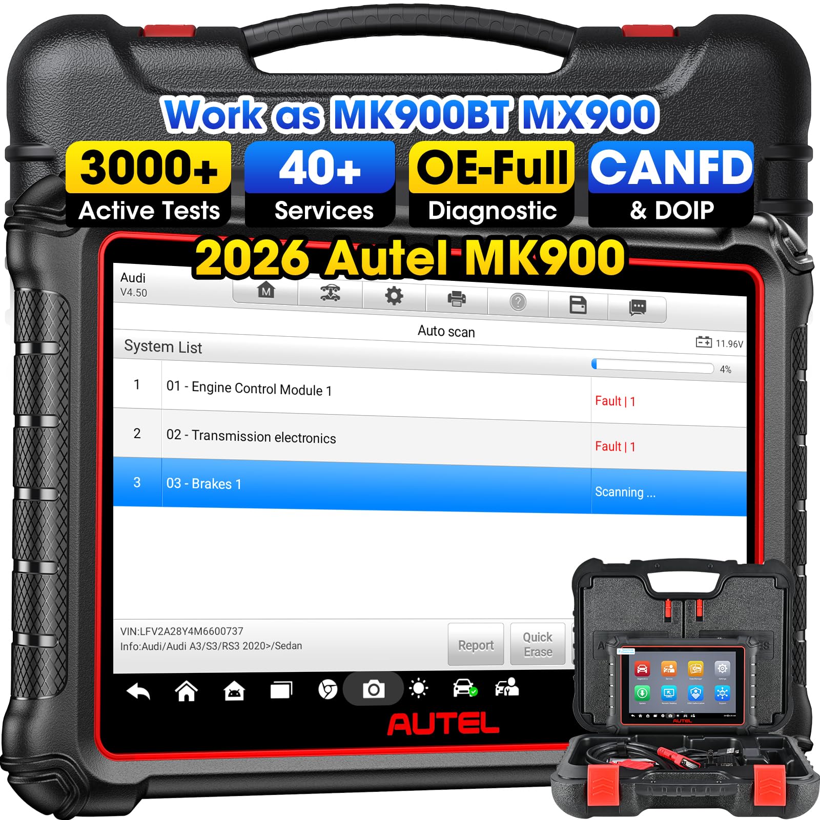 MaxiCOM MK900 Diagnostic Scanner, Same as MK900BT, Up of MK808S MK808BT PRO, MaxiCheck MX900, MX808S, 40+ Service, 3000+ Active Tests, All System Diagnose, CAN-FD&DOIP, OS 11, FCA SGW