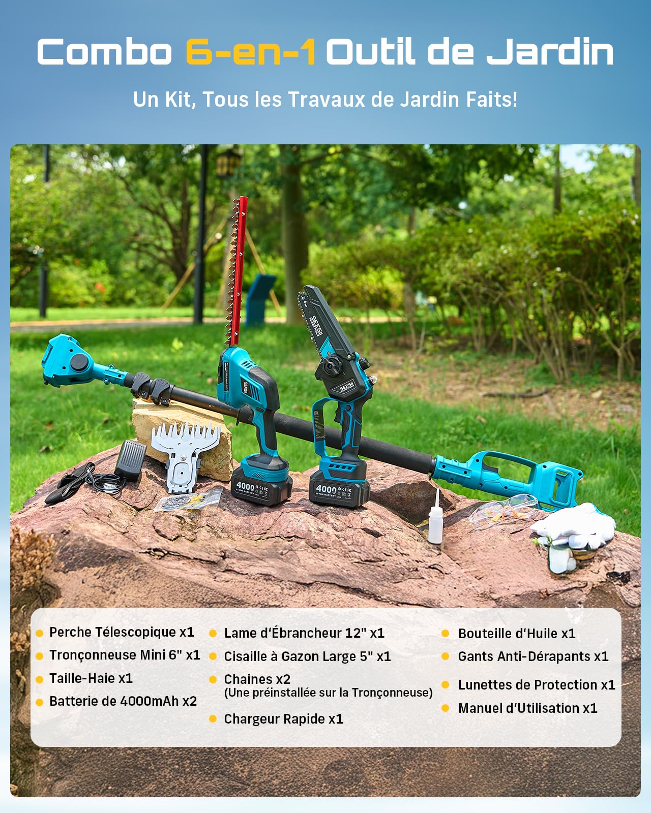SEESII 6-en-1 Mini Tronçonneuse & Taille-haie, avec 2 * 4000mAh Batteries, Tronconneuse Electrique à Perche Télescopique, Portée Maximale Jusqu'à 4,57m, à 30 ML Bouteille d'huile